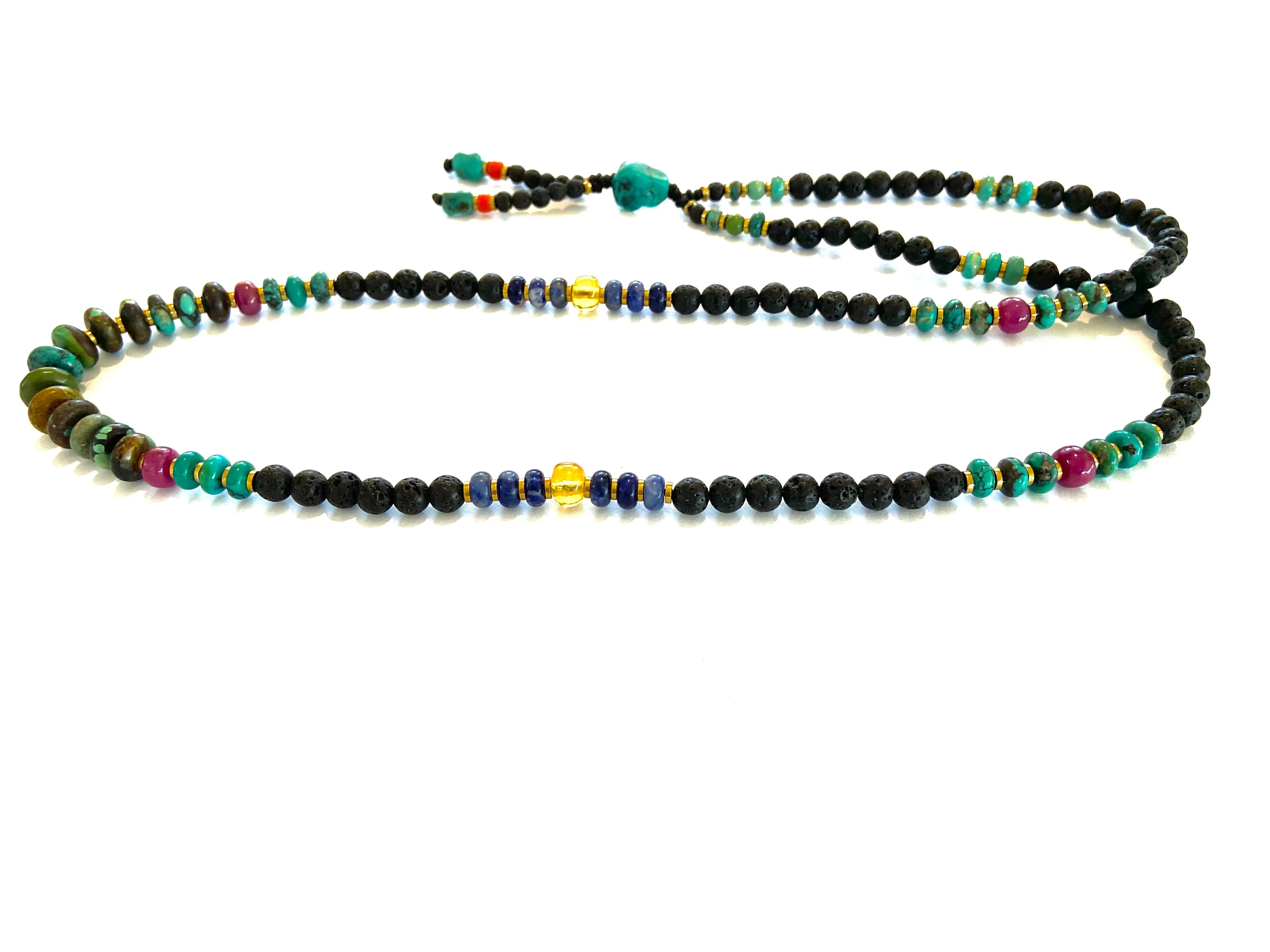 Long Lava Mala necklace with Turquoise center,Ruby and Tassle