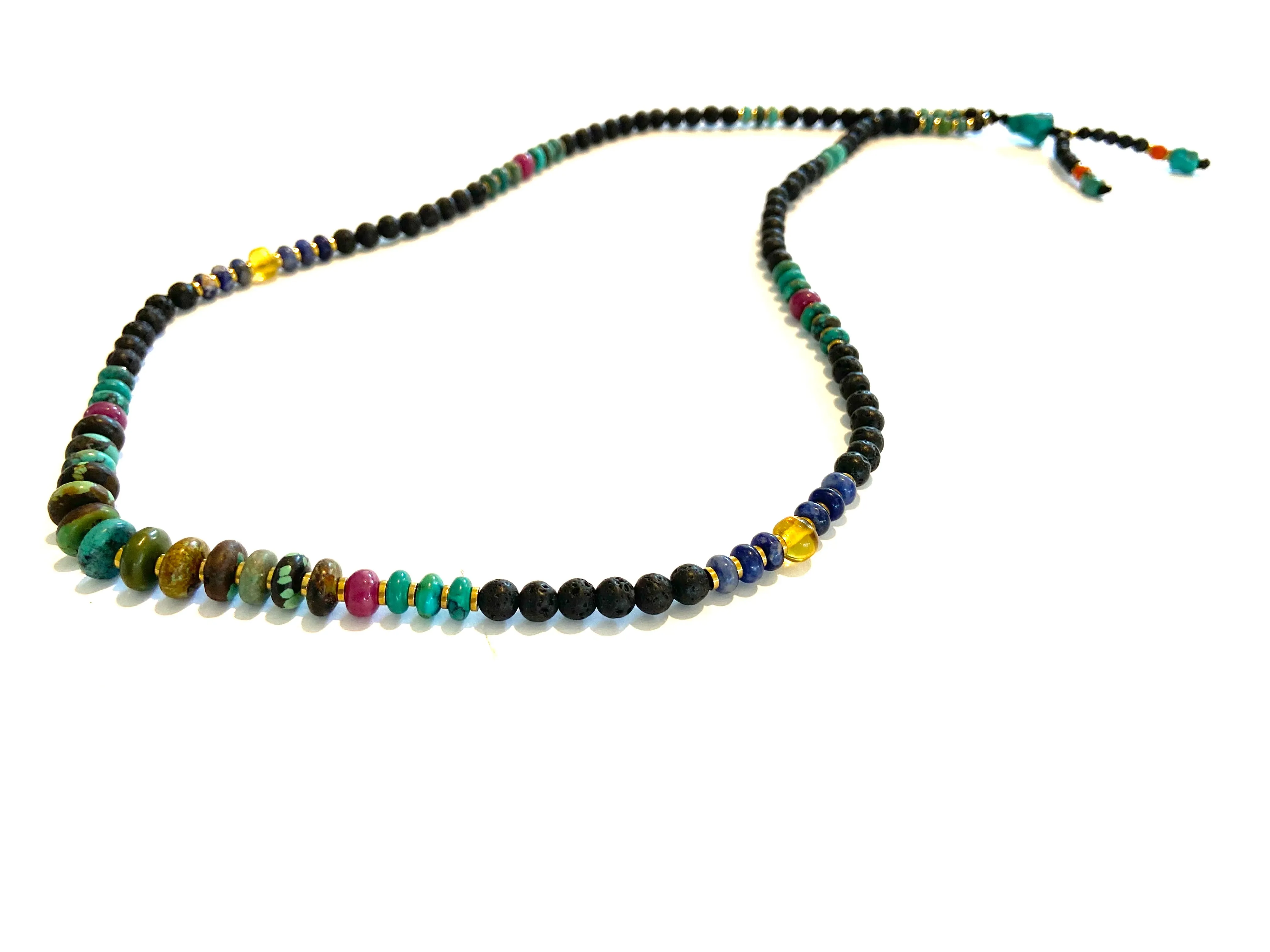 Long Lava Mala necklace with Turquoise center,Ruby and Tassle
