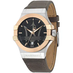 Maserati Potenza Brown Leather Strap Black Dial Quartz Watch for Gents - R8851108014