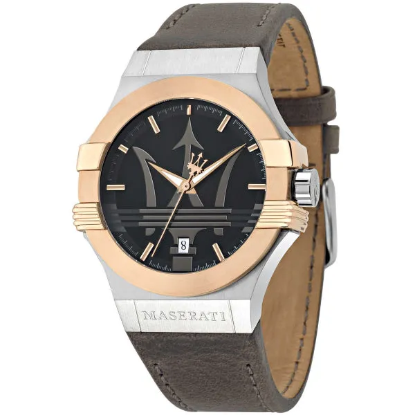 Maserati Potenza Brown Leather Strap Black Dial Quartz Watch for Gents - R8851108014