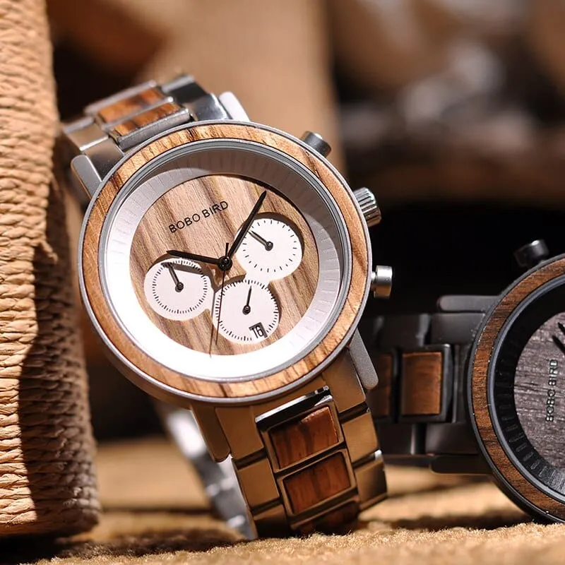 Men's Stainless Steel and Wood Watch