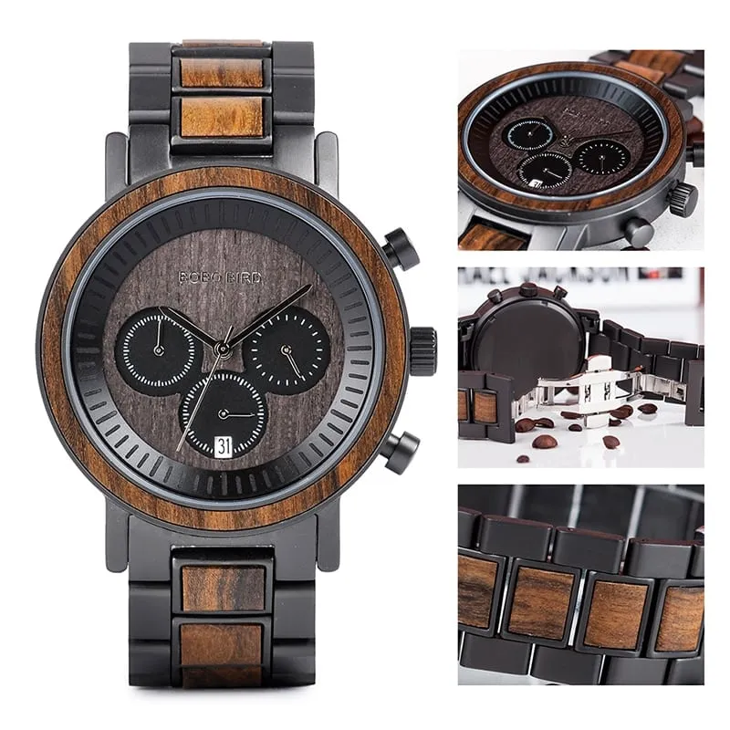 Men's Stainless Steel and Wood Watch