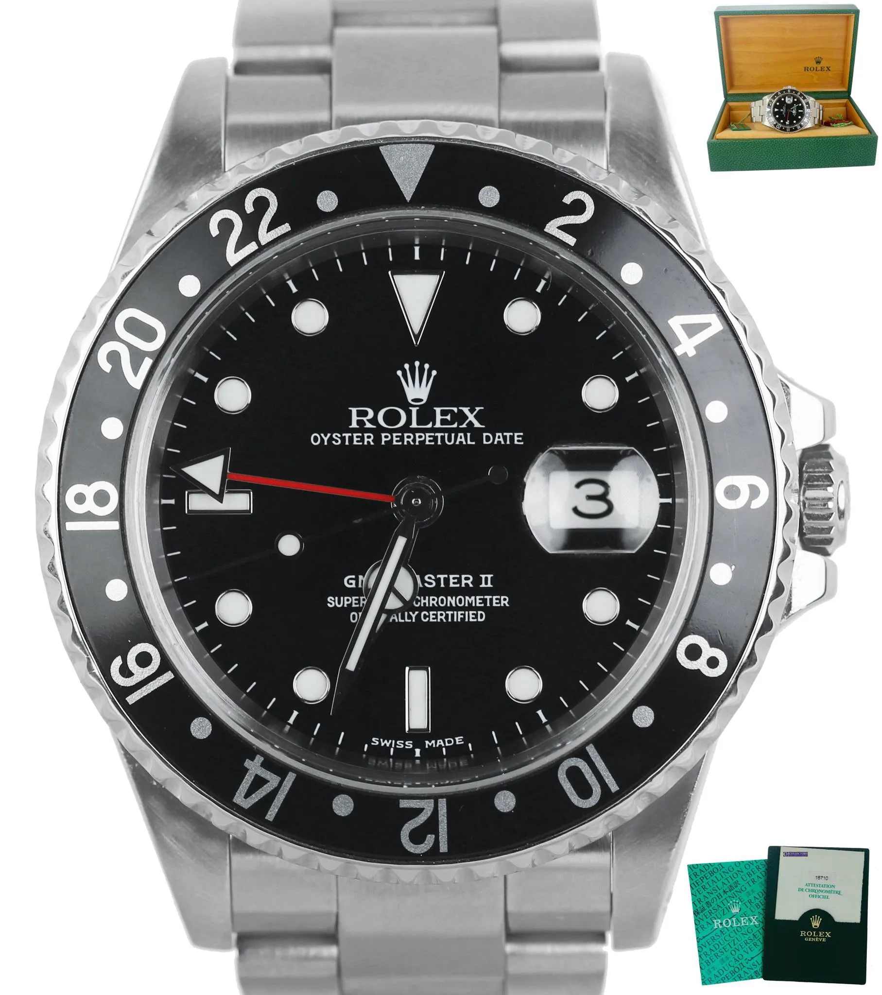 MINT 2002 Rolex GMT-Master II Black 16710 Y Stainless Steel 40mm SEL Watch PAPER