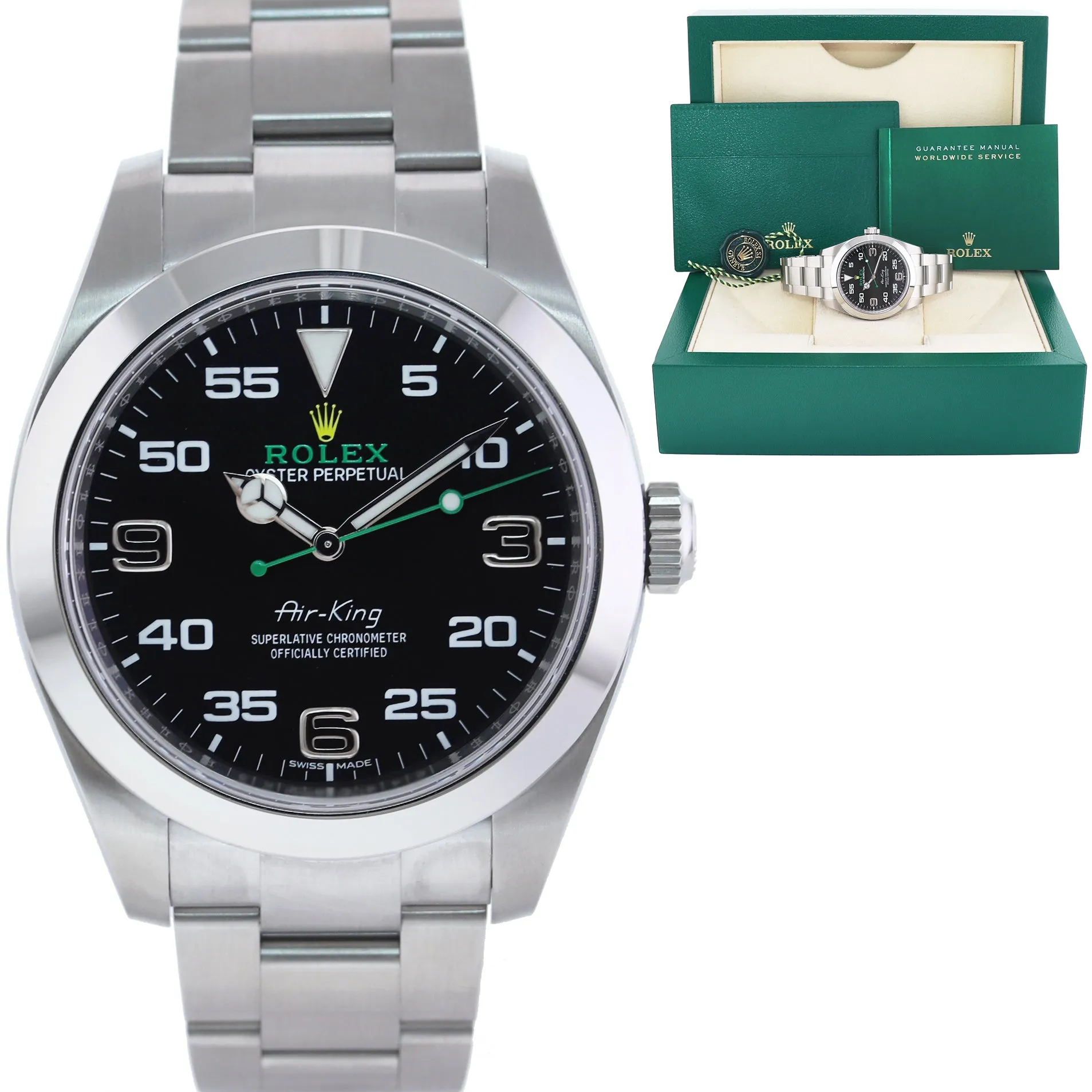 MINT 2020 Rolex 116900 Air-King Black Arabic Dial 40mm Steel Green Watch Box