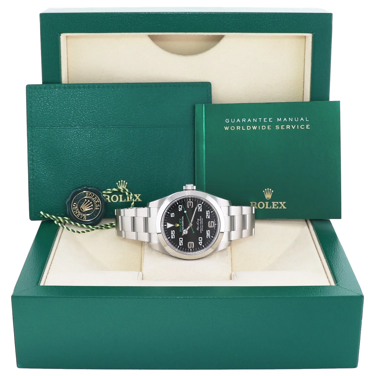 MINT 2020 Rolex 116900 Air-King Black Arabic Dial 40mm Steel Green Watch Box