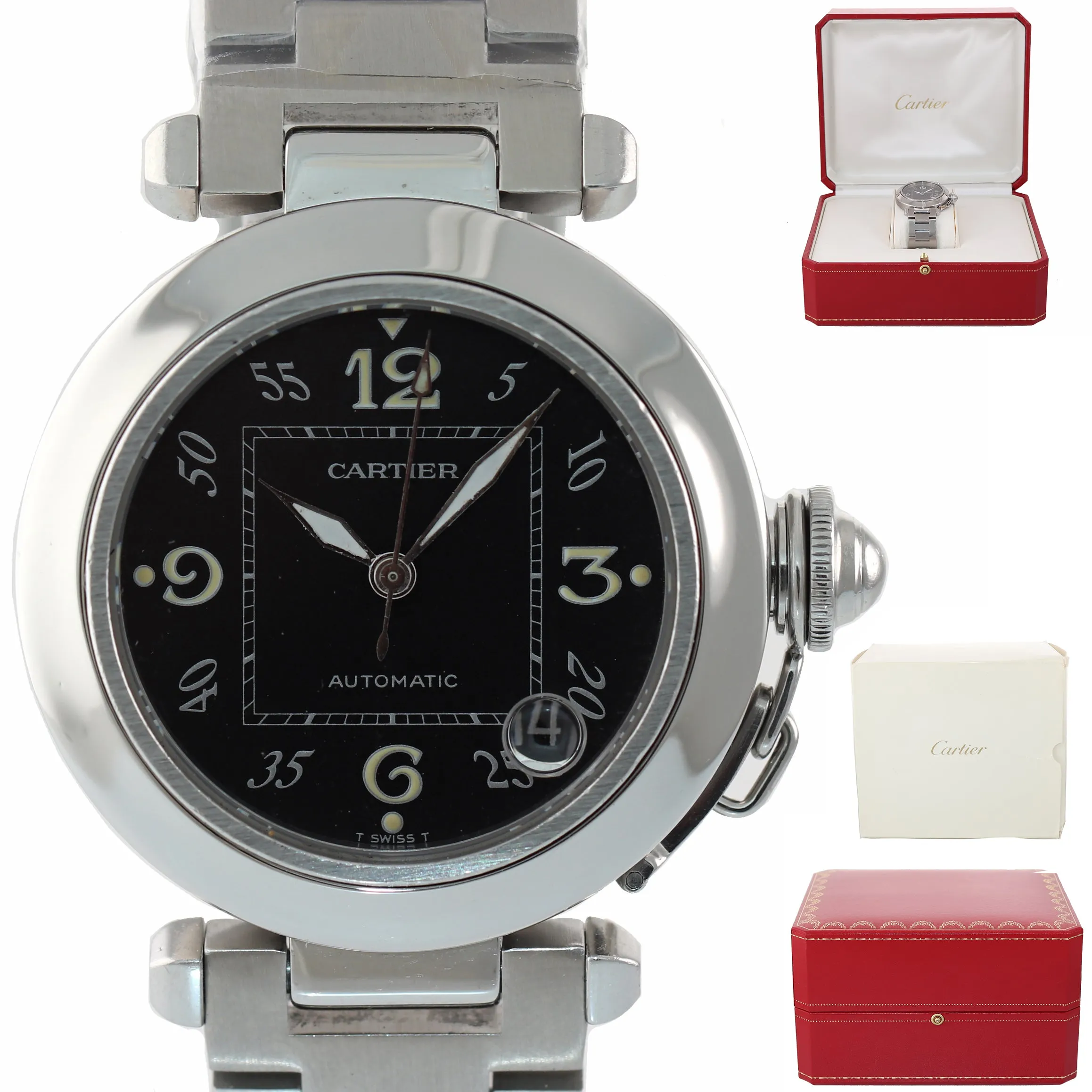 MINT Cartier Pasha Stainless Steel Black Arabic Date 36mm Automatic Watch 2324