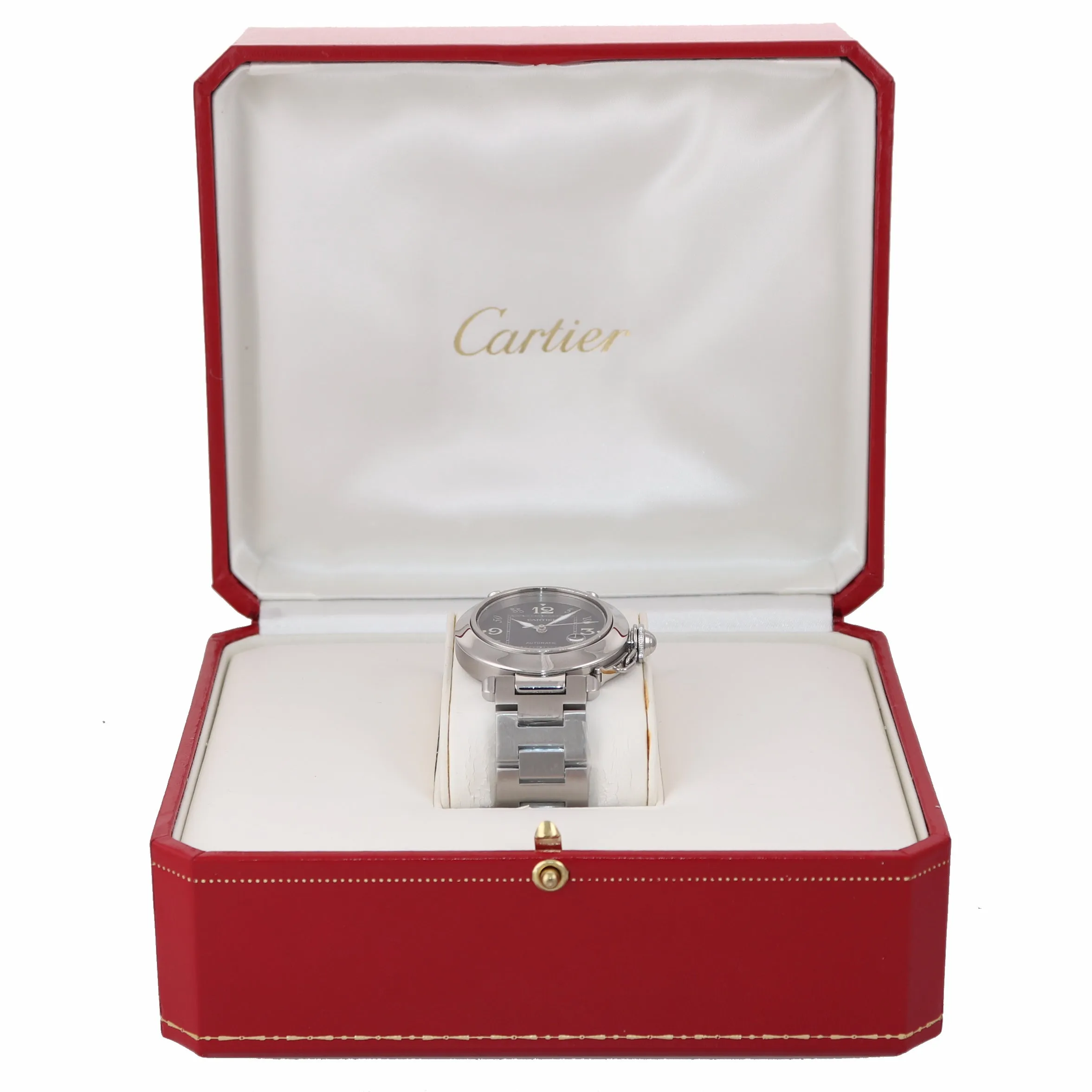 MINT Cartier Pasha Stainless Steel Black Arabic Date 36mm Automatic Watch 2324