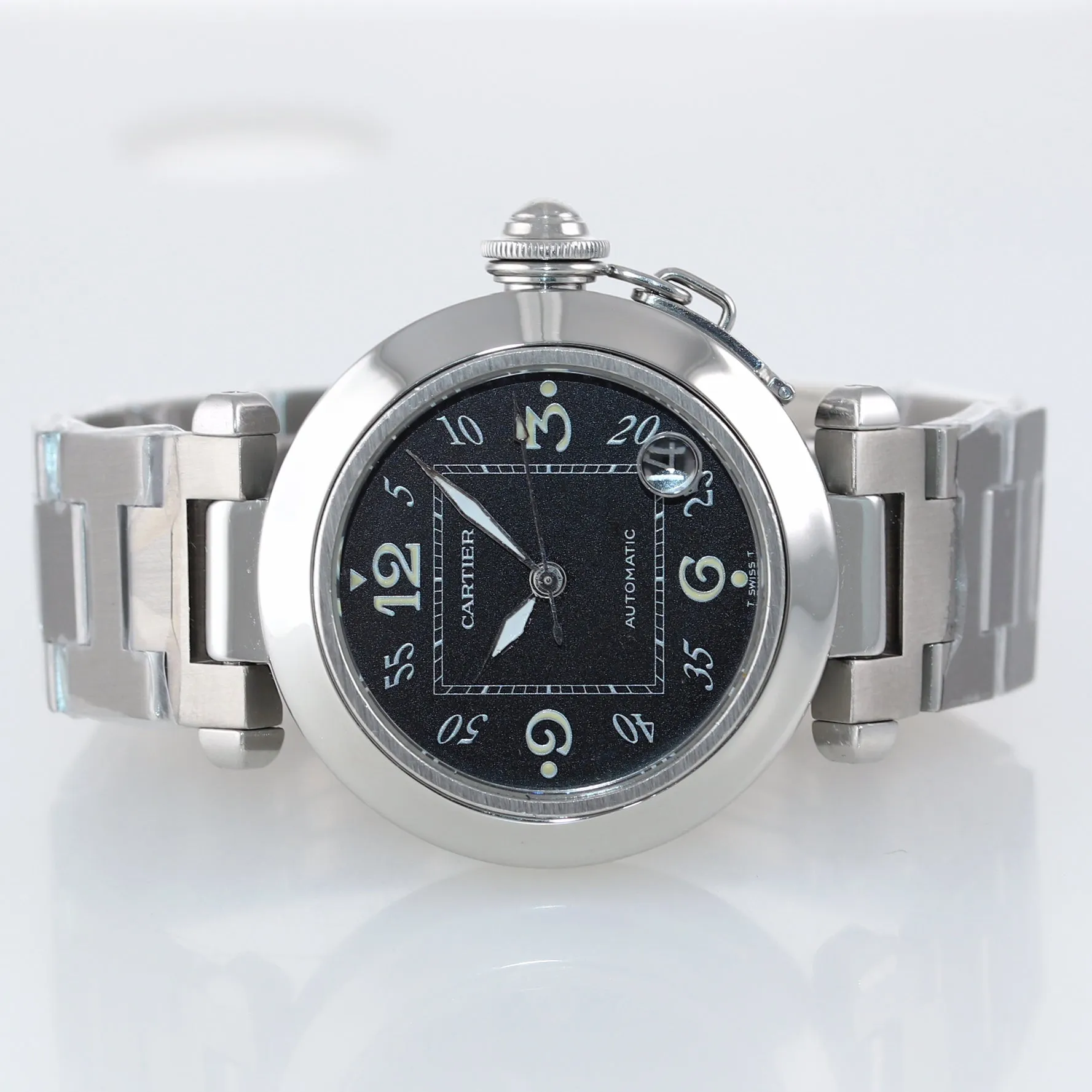 MINT Cartier Pasha Stainless Steel Black Arabic Date 36mm Automatic Watch 2324