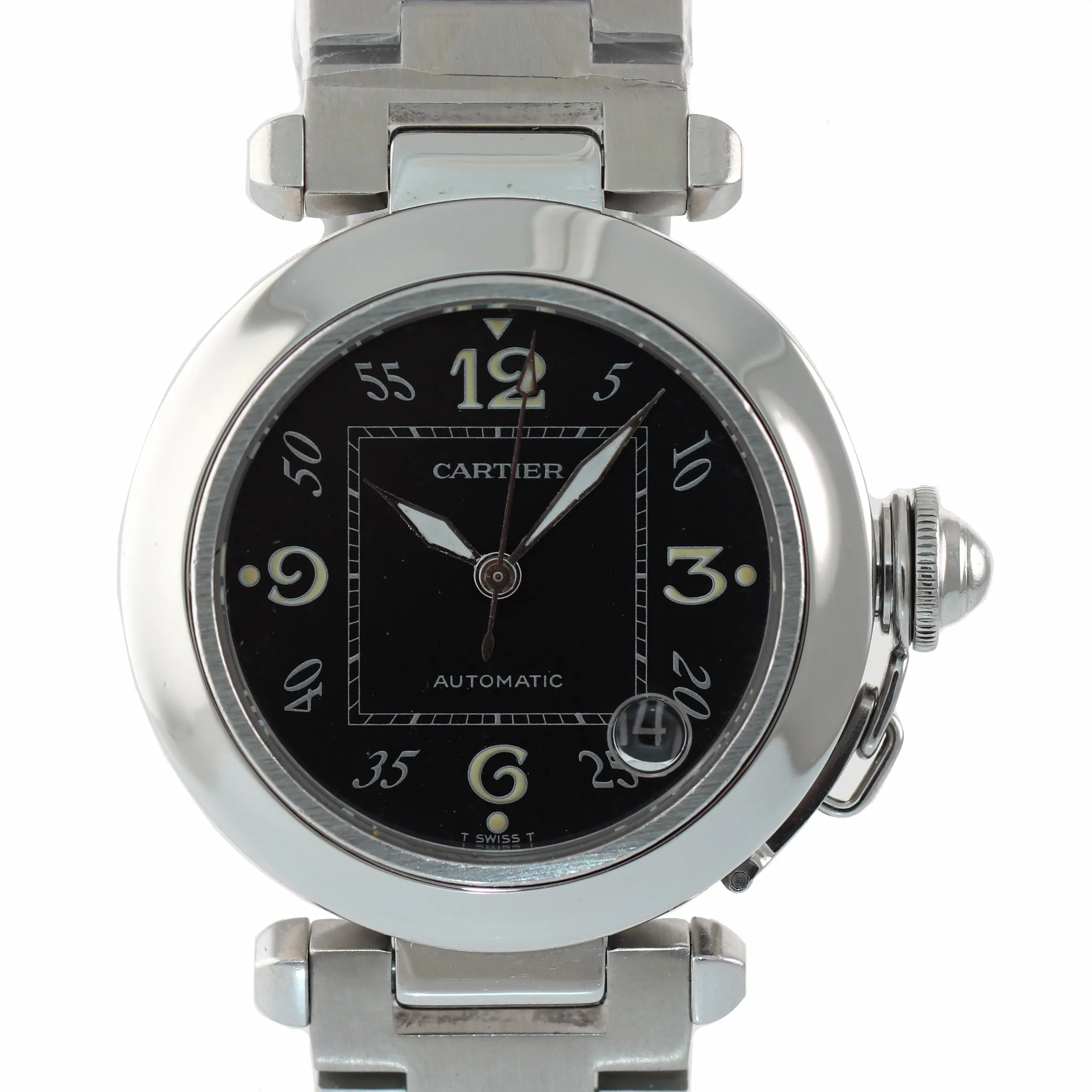 MINT Cartier Pasha Stainless Steel Black Arabic Date 36mm Automatic Watch 2324