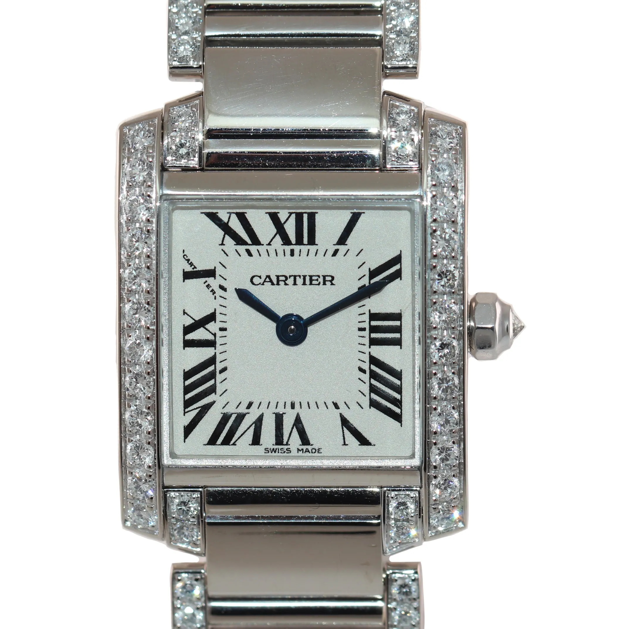 MINT Ladies Cartier Tank Francaise Factory Diamond 18k White Gold Watch 2403