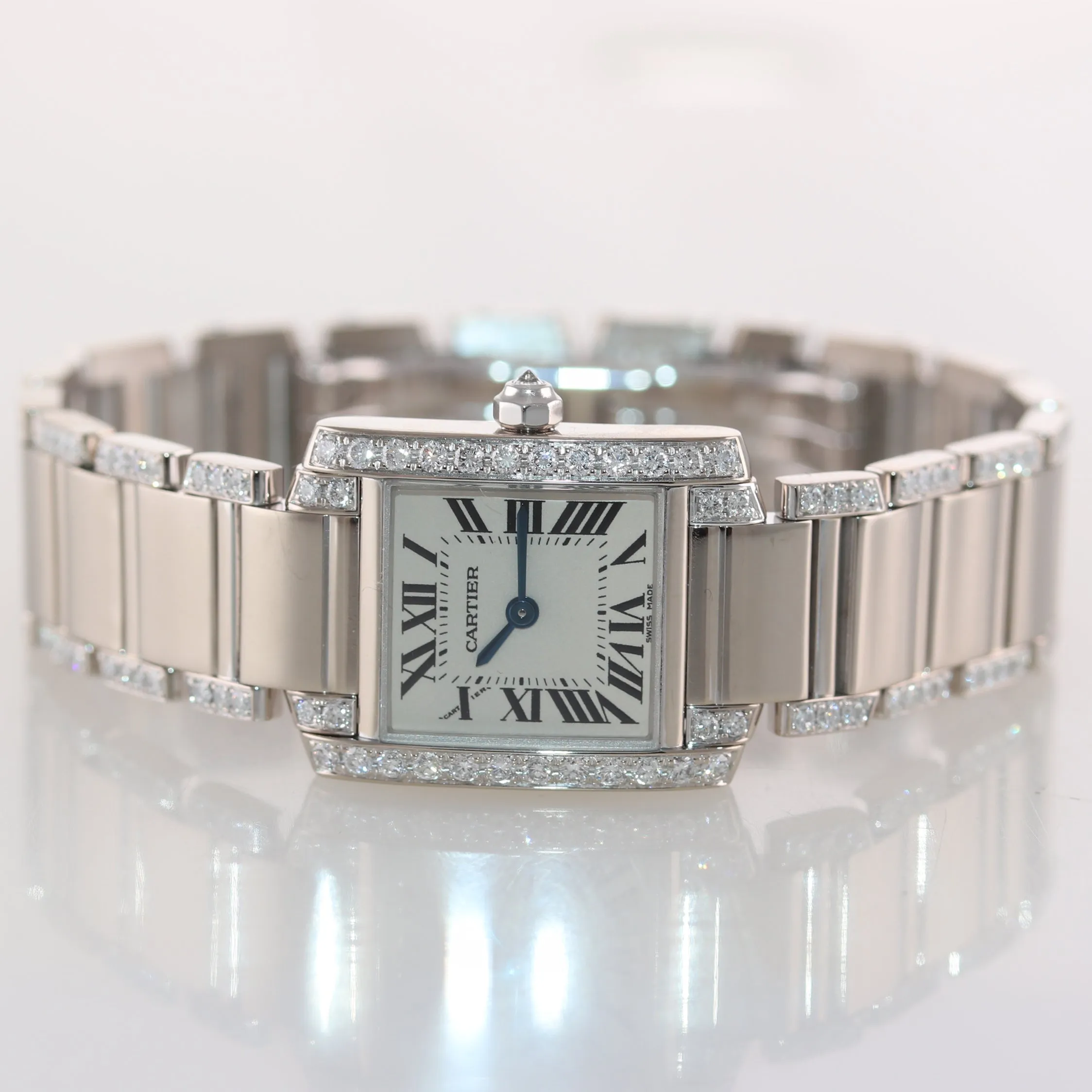 MINT Ladies Cartier Tank Francaise Factory Diamond 18k White Gold Watch 2403