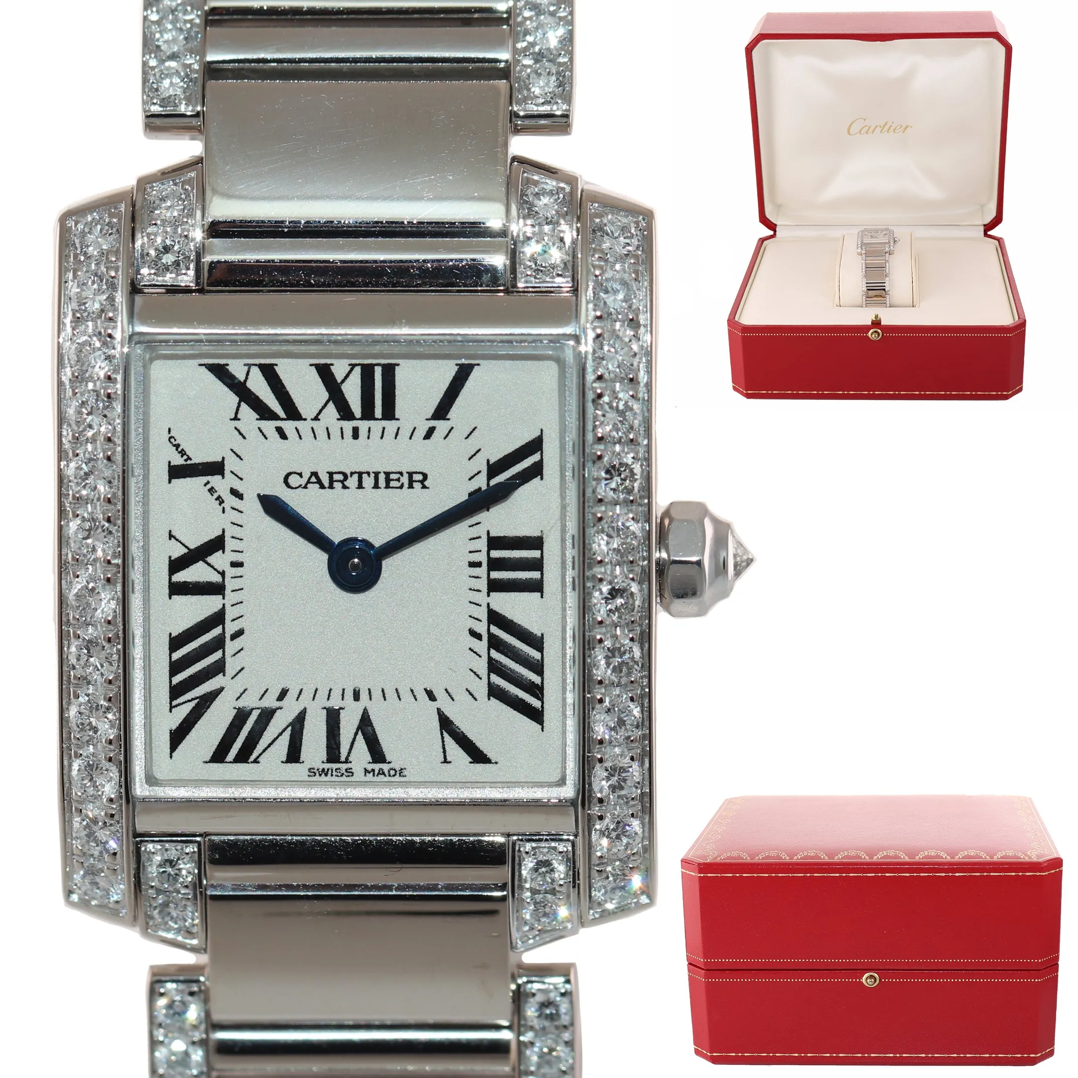 MINT Ladies Cartier Tank Francaise Factory Diamond 18k White Gold Watch 2403
