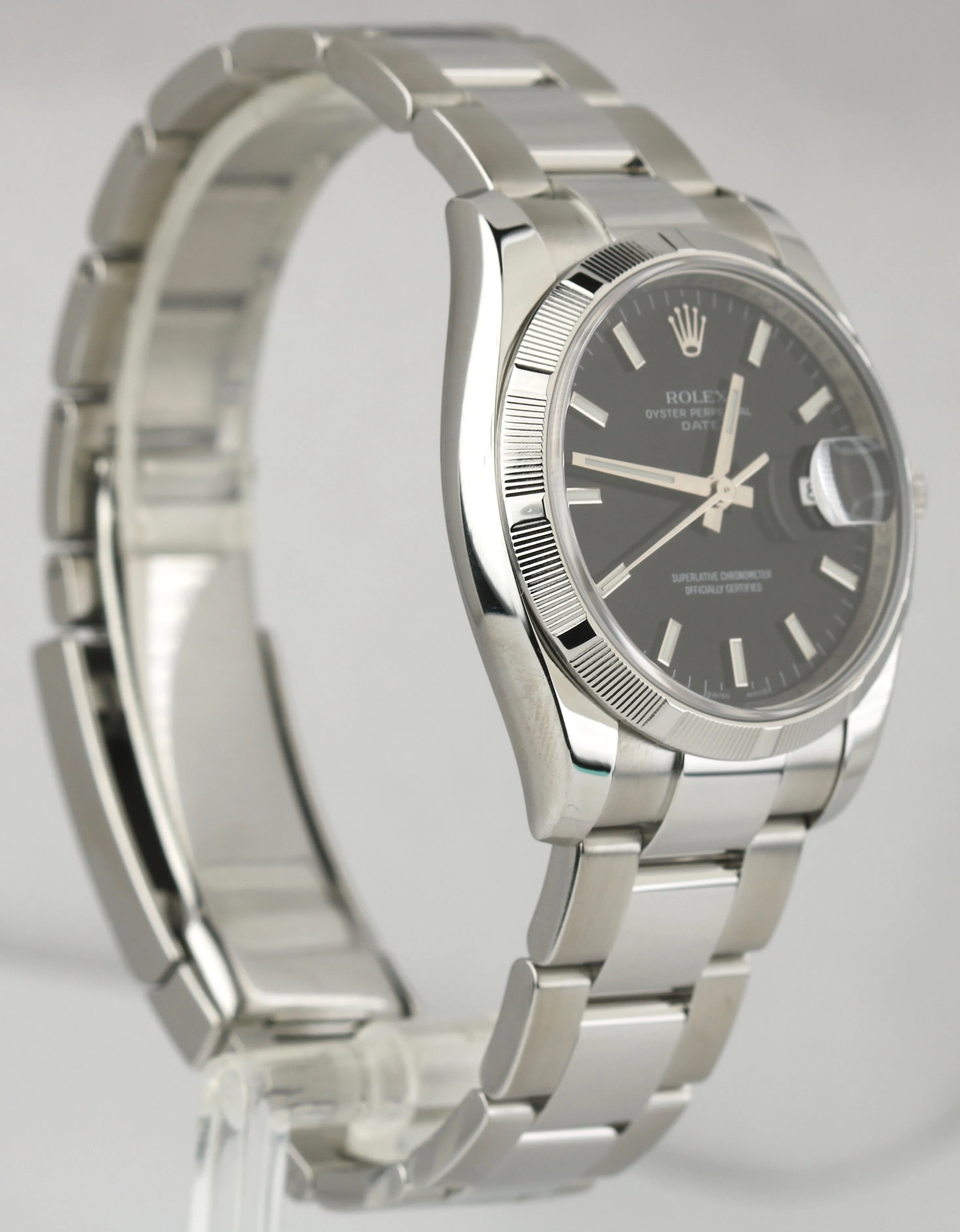 MINT Rolex Date Black 34mm 115210 Stainless Oyster Engine Turned Bezel Watch