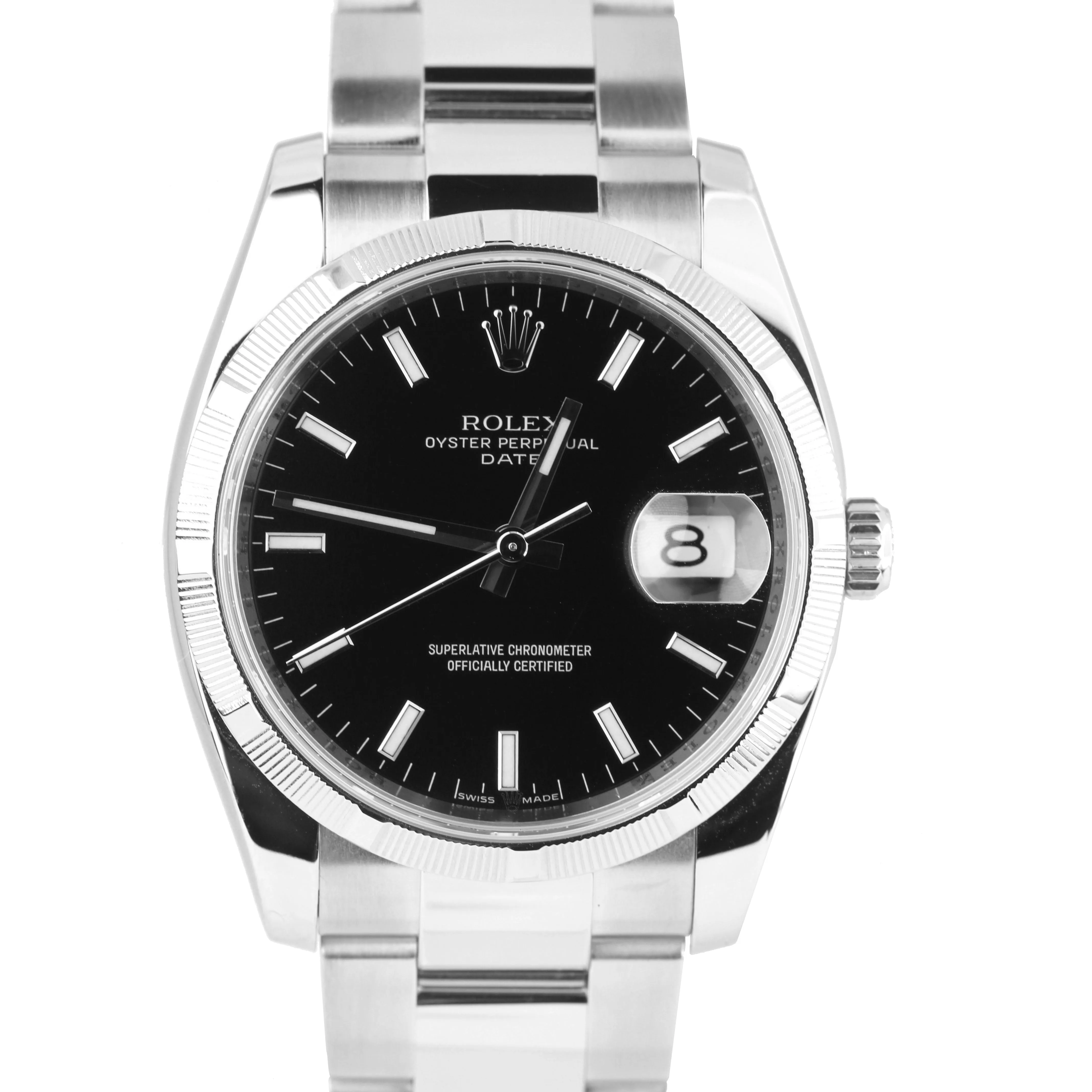 MINT Rolex Date Black 34mm 115210 Stainless Oyster Engine Turned Bezel Watch