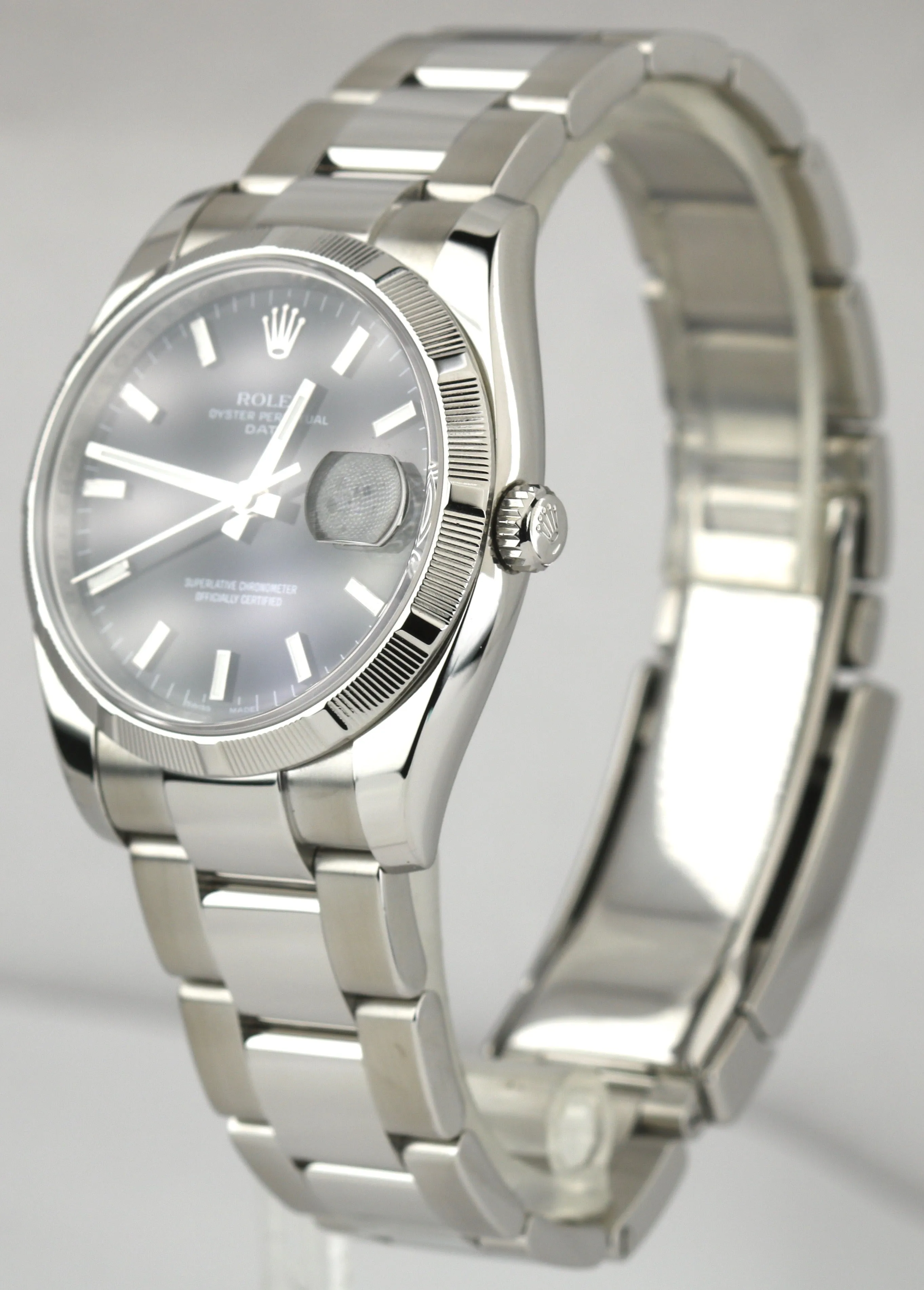 MINT Rolex Date Black 34mm 115210 Stainless Oyster Engine Turned Bezel Watch
