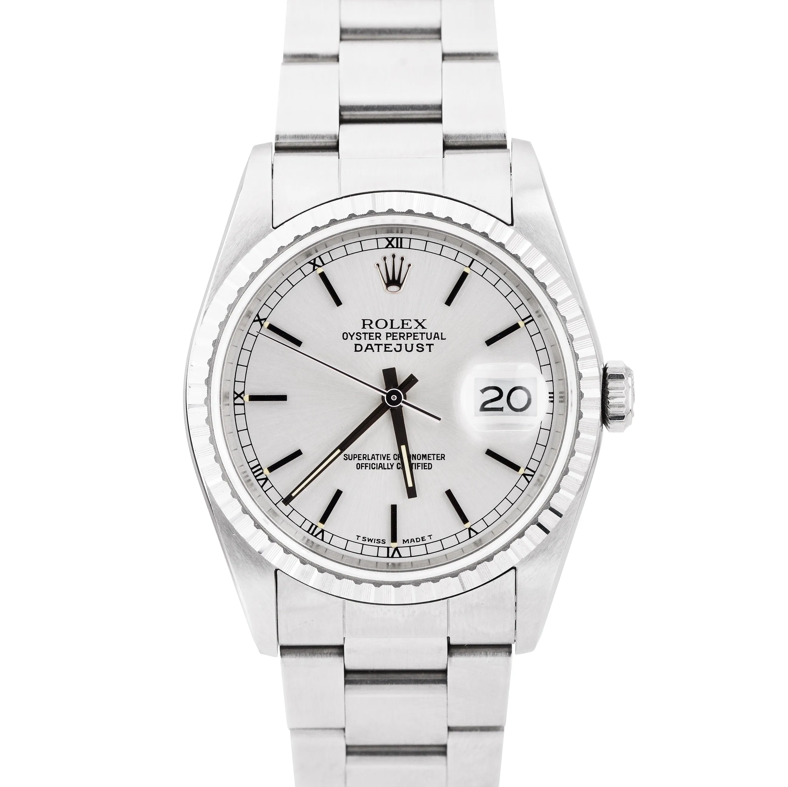 MINT UNPOLISHED Rolex DateJust 36mm Silver Stainless Engine Turned Watch 16220
