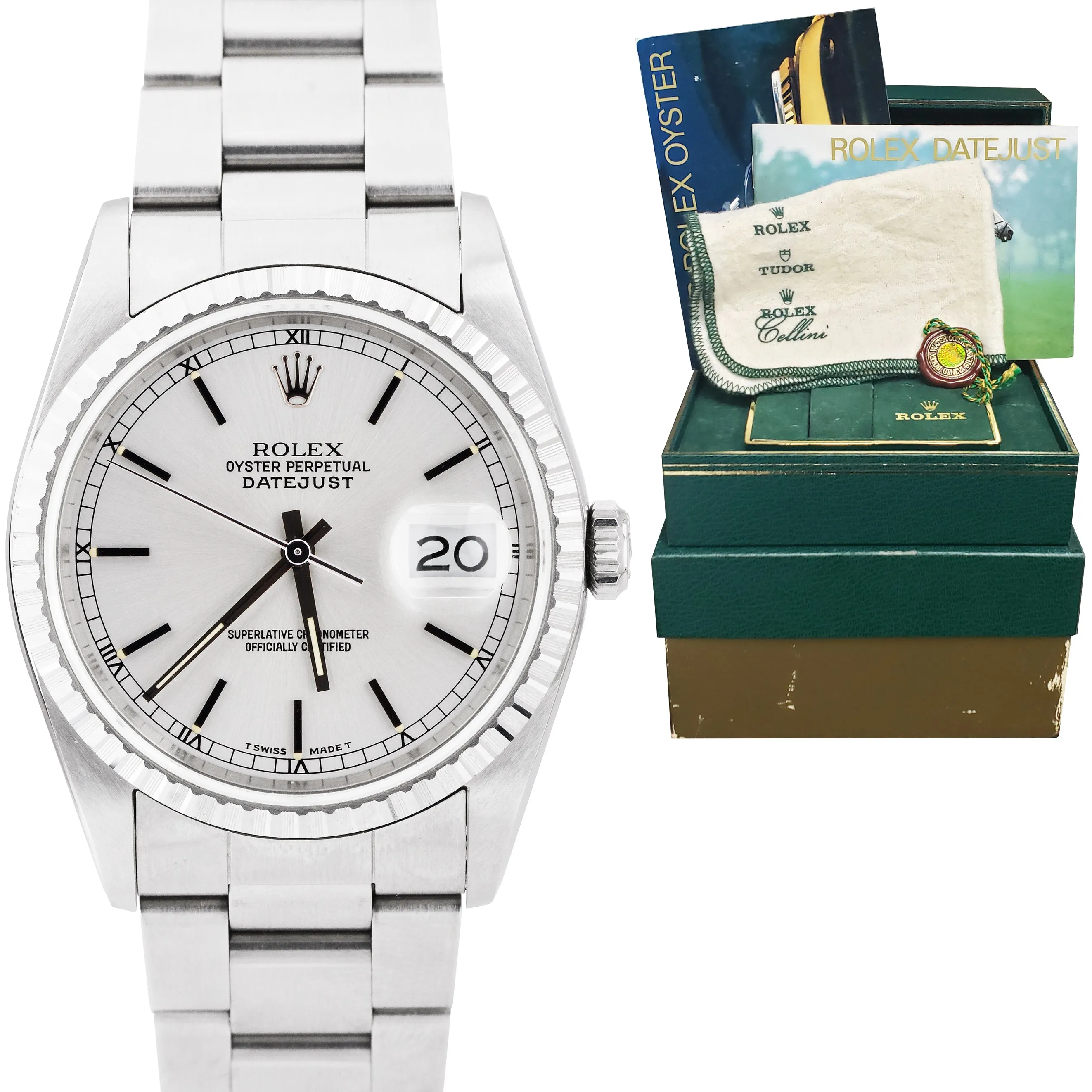 MINT UNPOLISHED Rolex DateJust 36mm Silver Stainless Engine Turned Watch 16220