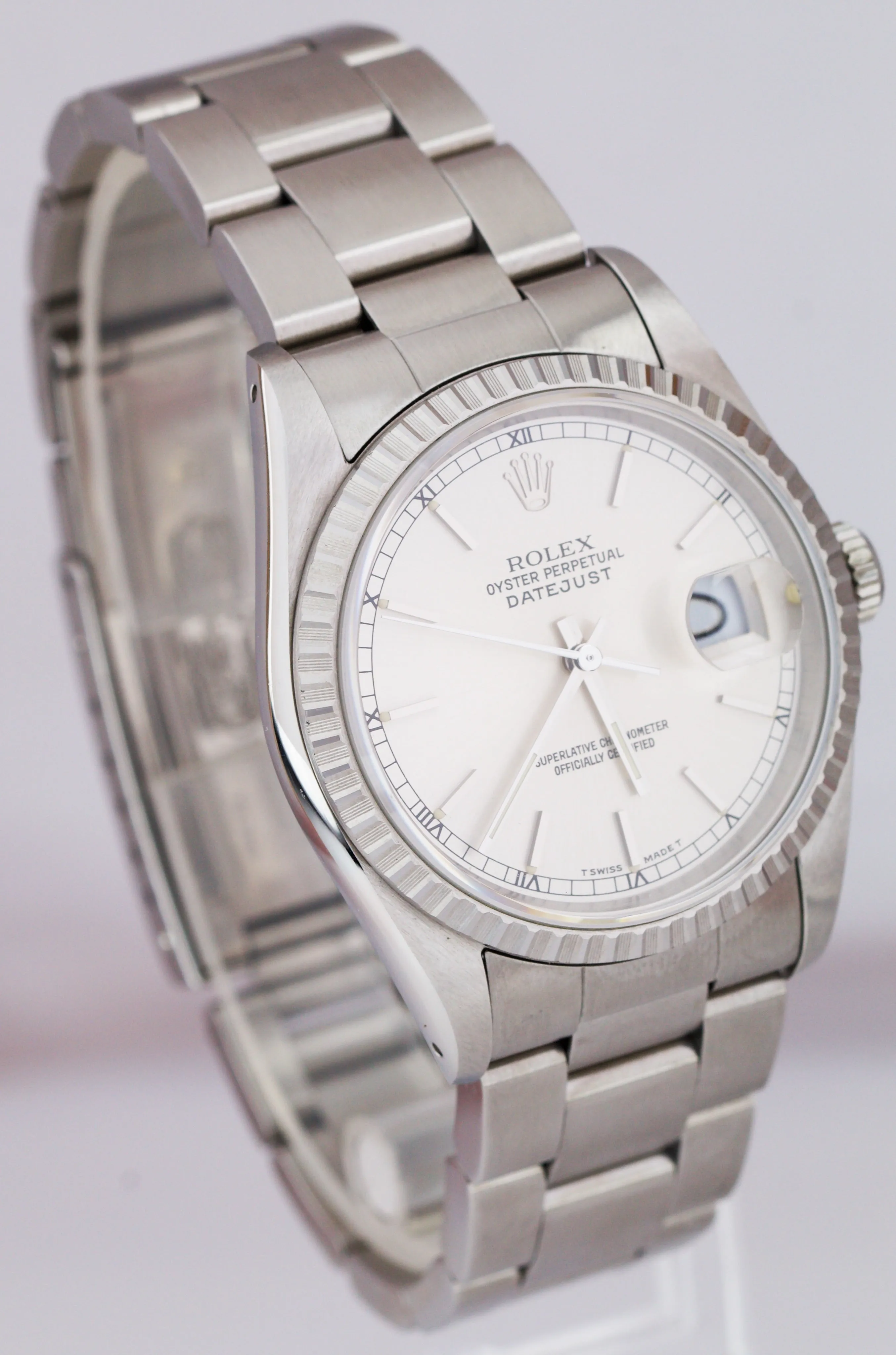 MINT UNPOLISHED Rolex DateJust 36mm Silver Stainless Engine Turned Watch 16220