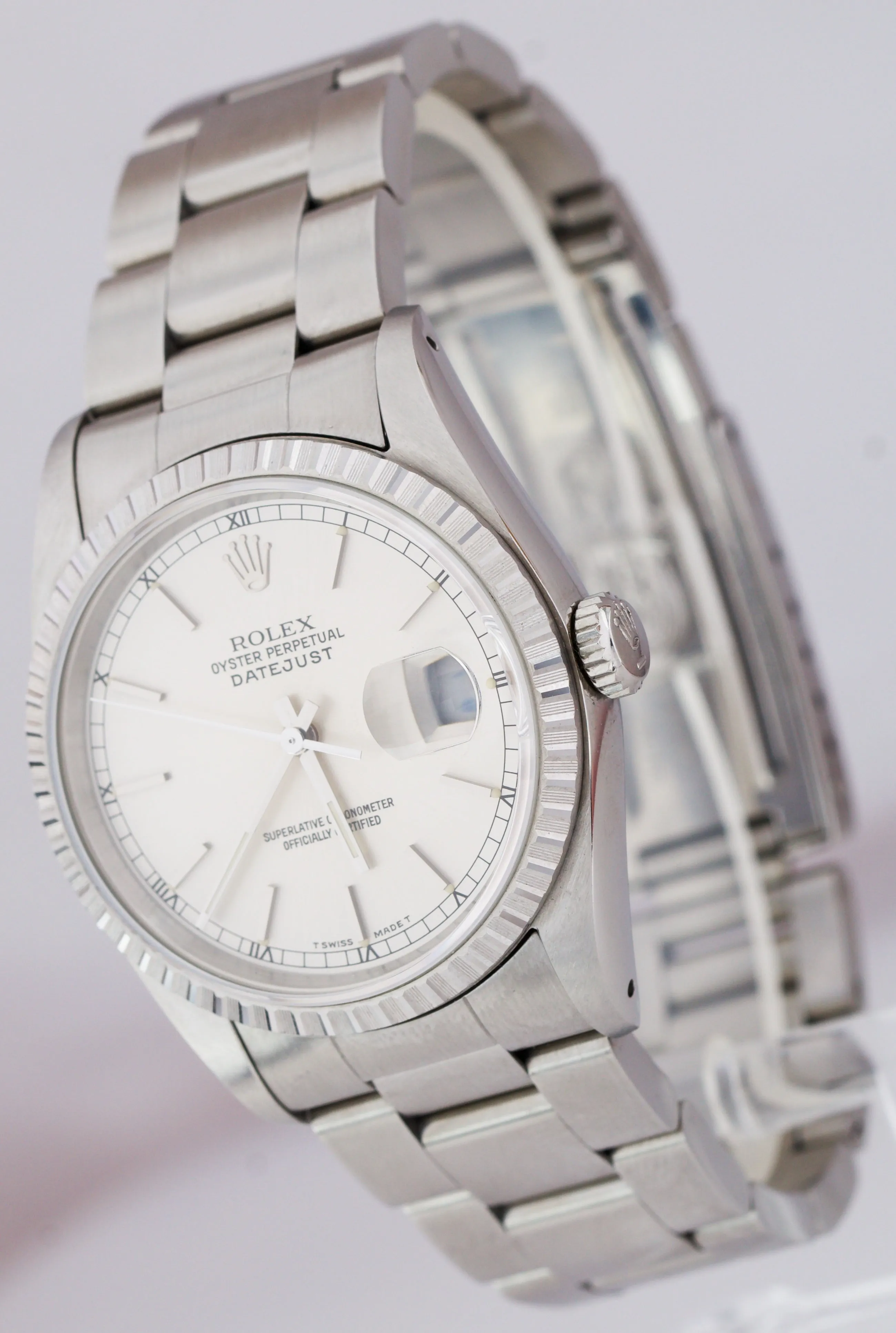 MINT UNPOLISHED Rolex DateJust 36mm Silver Stainless Engine Turned Watch 16220