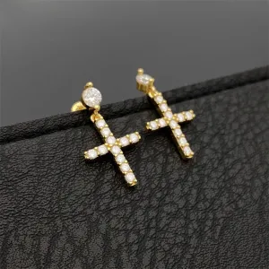 Moissanite Diamond T Cross Sterling Silver Earrings in Yellow/White Gold