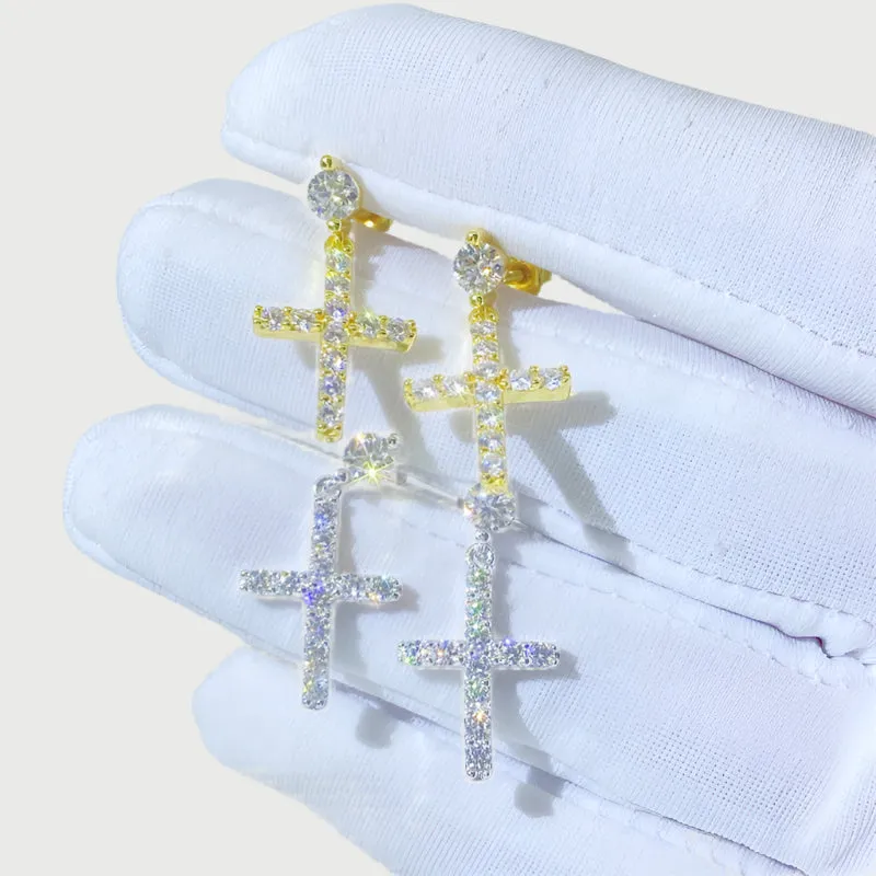 Moissanite Diamond T Cross Sterling Silver Earrings in Yellow/White Gold