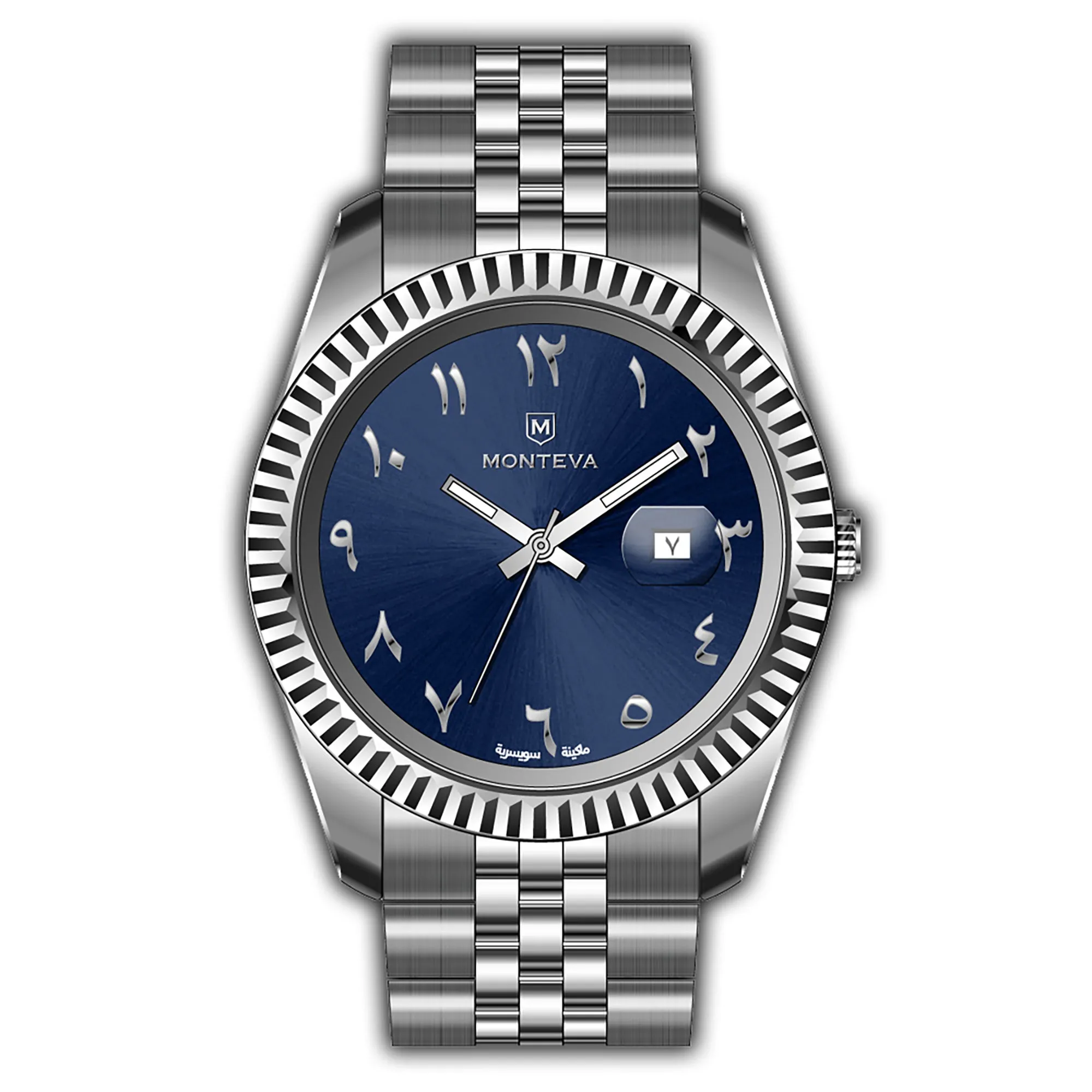 Monteva Gents Blue Dial Watch with Arabic Numerals and Metal Band