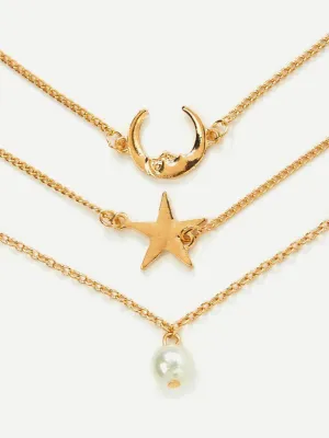 Moon & Star Design Link Bracelet Set