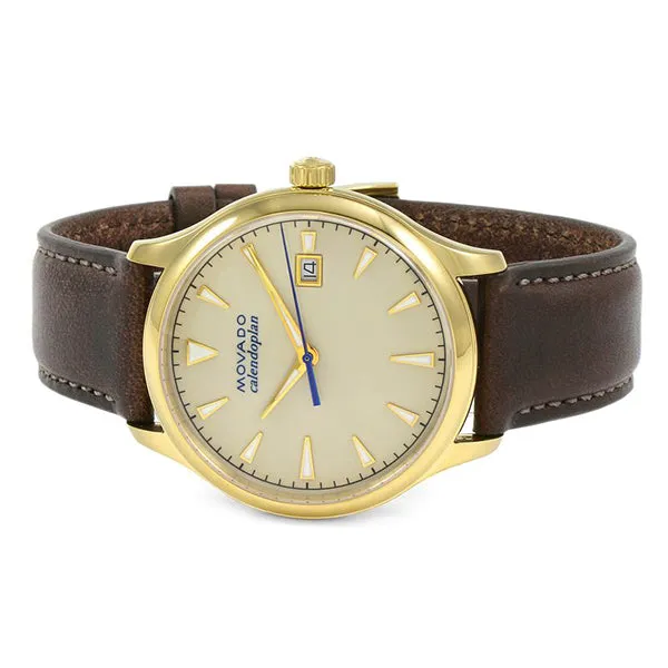 Movado Heritage Brown Leather Parchment Dial Quartz Watch for Gents- 3650003