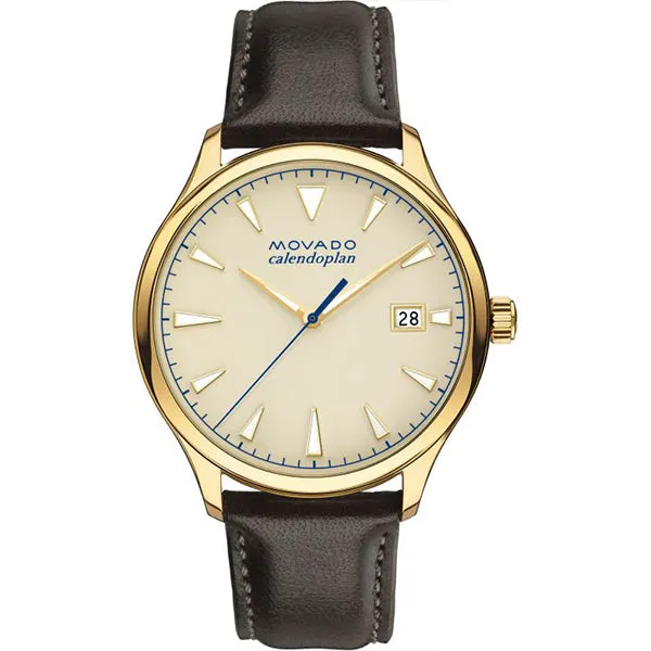 Movado Heritage Brown Leather Parchment Dial Quartz Watch for Gents- 3650003