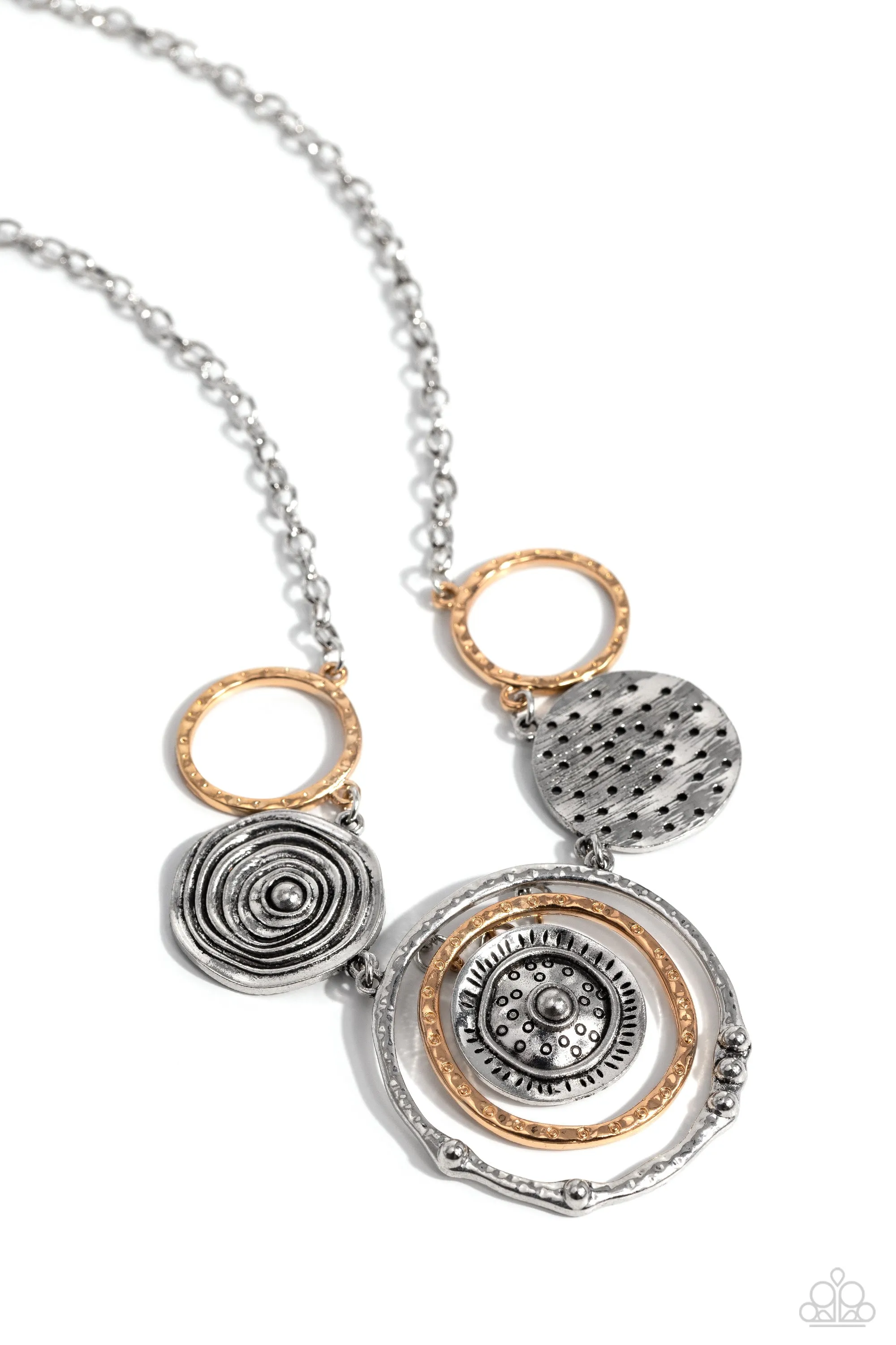 Mysterious Masterpiece - Silver - Studded and Hammered Mixed Metal Paparazzi Short Necklace