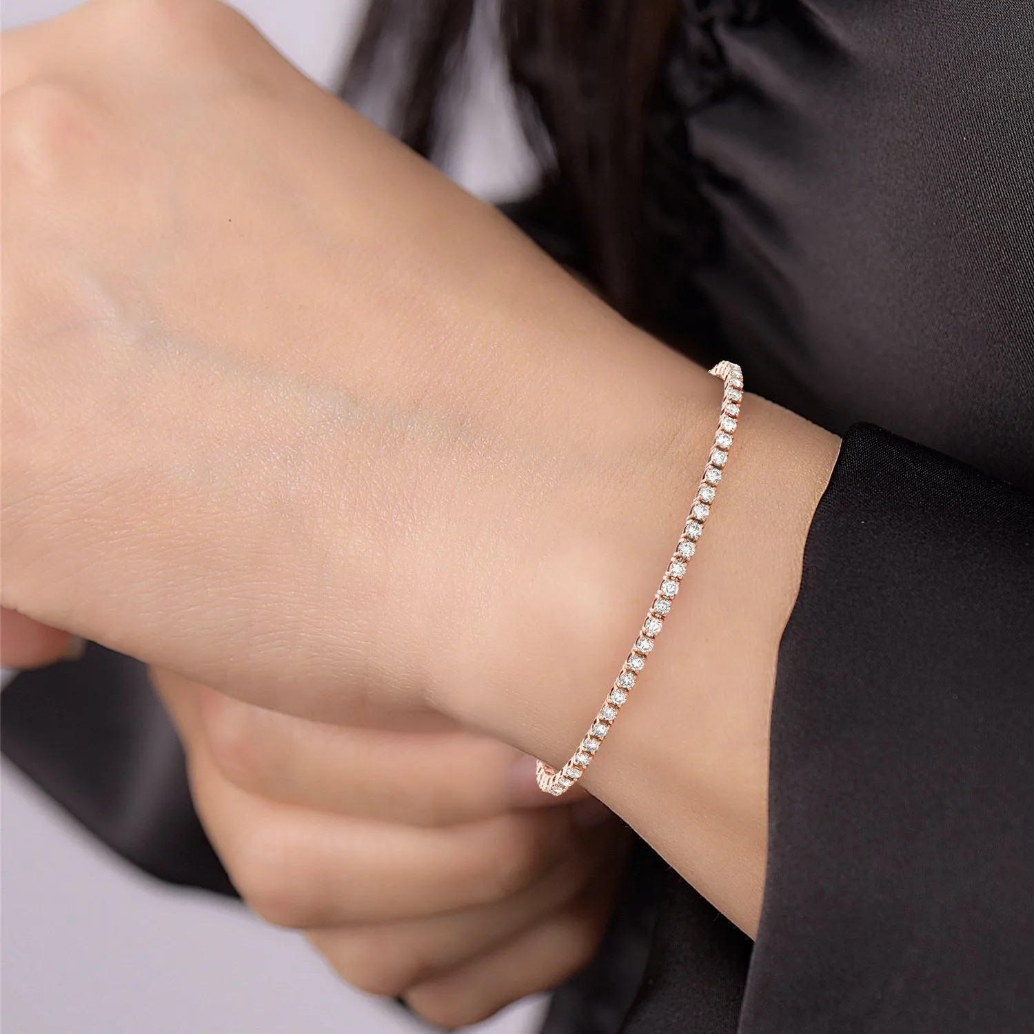 Natural Diamond Pave 14k Rose Gold Handmade Tennis Bracelet Jewelry
