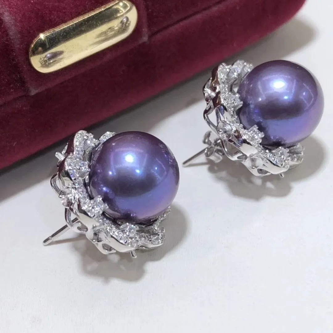 Natural Fresh Water Purple Pearls Stud Earrings