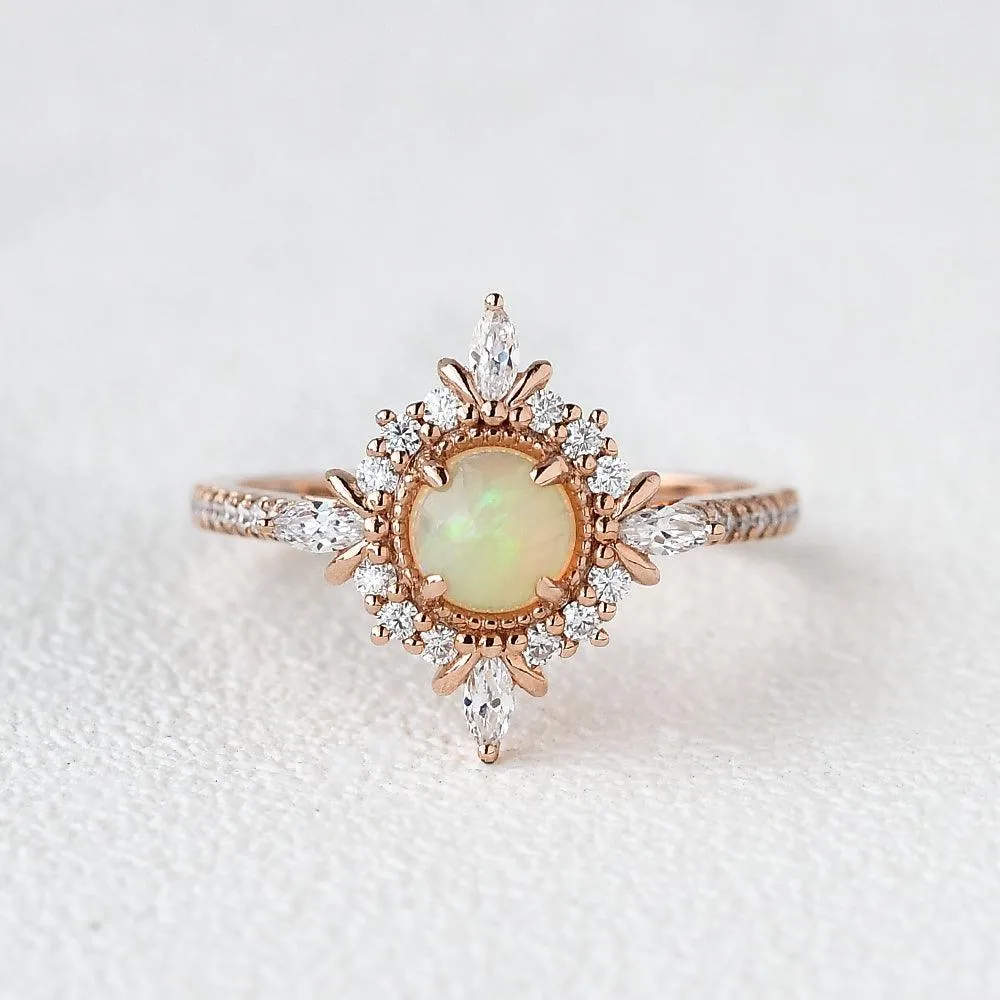 Natural Opal Cluster Halo Antique Milgrain Ring