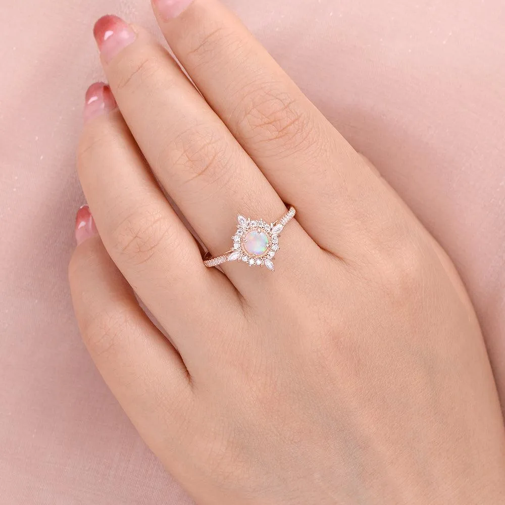 Natural Opal Cluster Halo Antique Milgrain Ring