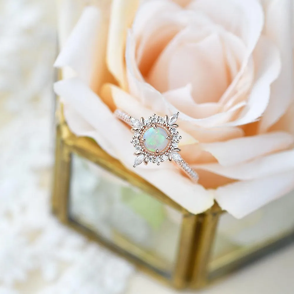 Natural Opal Cluster Halo Antique Milgrain Ring