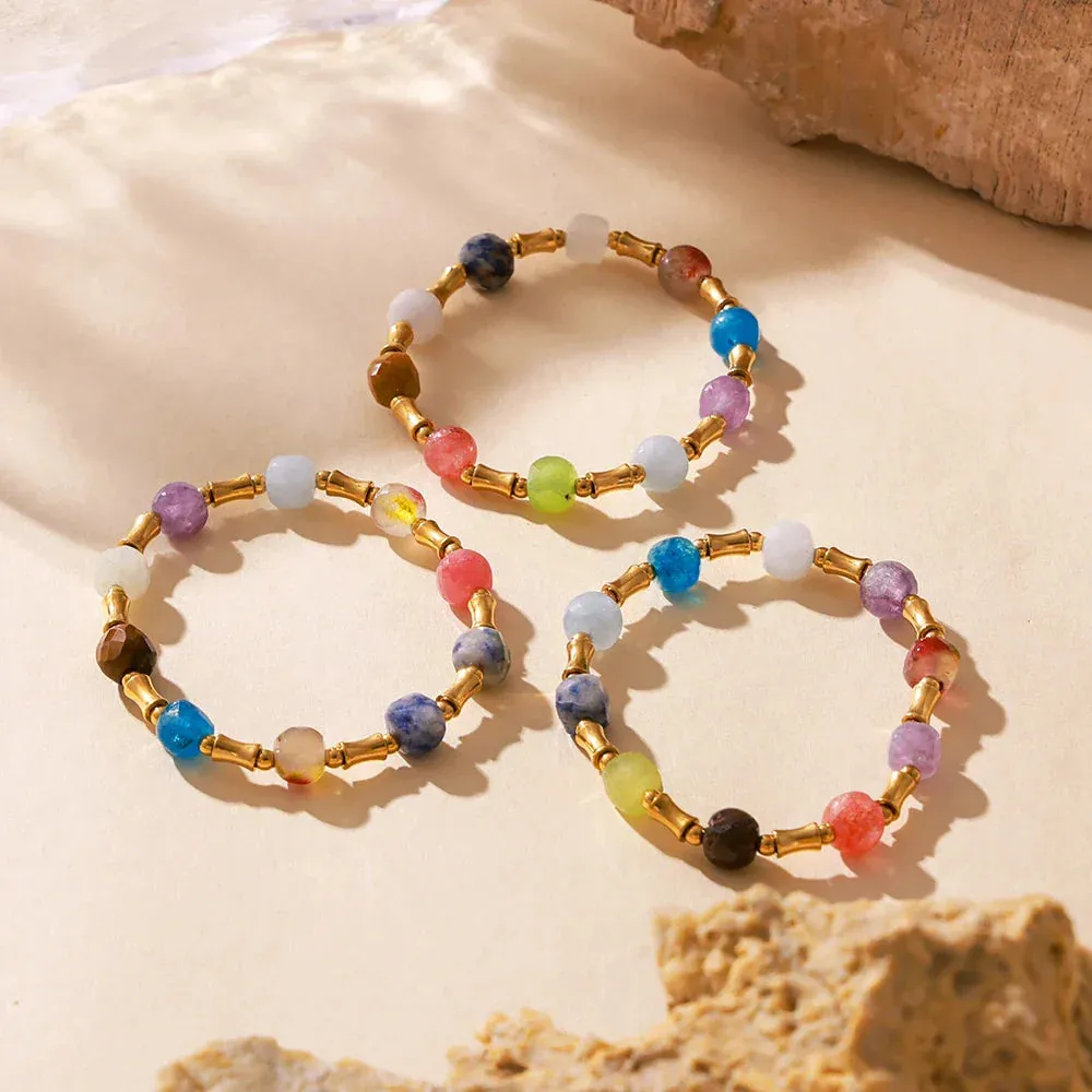 Natural Stones Beaded Bracelet for Women Stainless Steel Gold Plated Waterproof Charm Jewelry