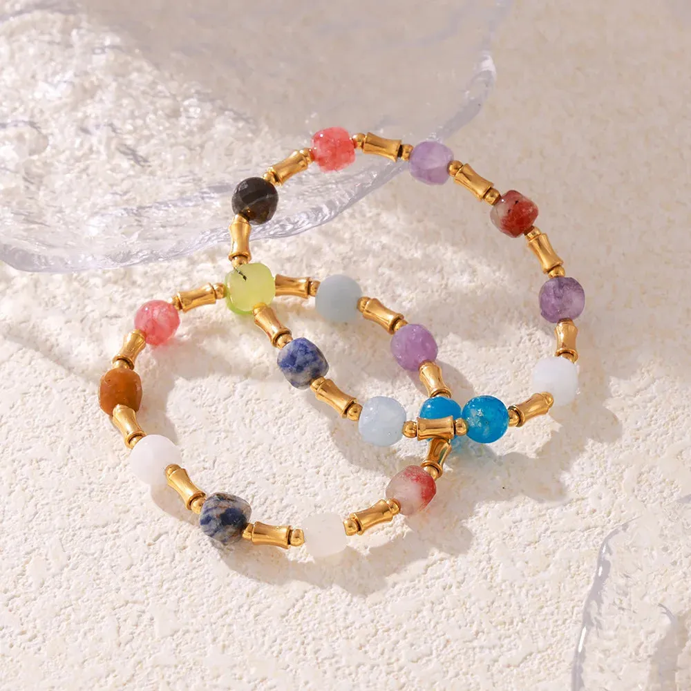 Natural Stones Beaded Bracelet for Women Stainless Steel Gold Plated Waterproof Charm Jewelry