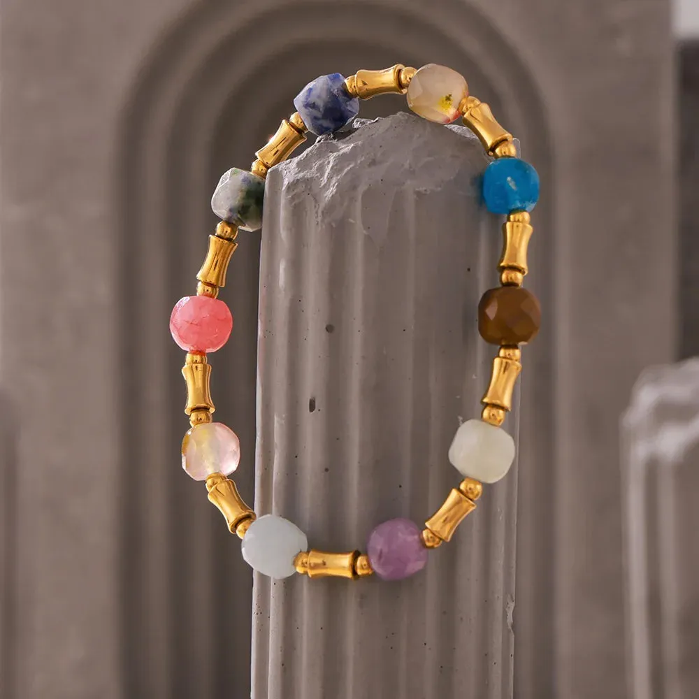 Natural Stones Beaded Bracelet for Women Stainless Steel Gold Plated Waterproof Charm Jewelry