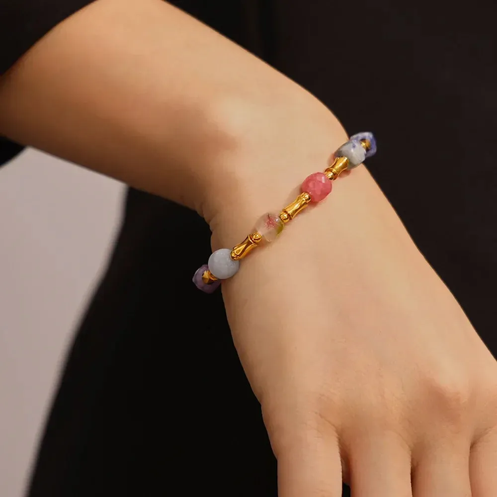 Natural Stones Beaded Bracelet for Women Stainless Steel Gold Plated Waterproof Charm Jewelry