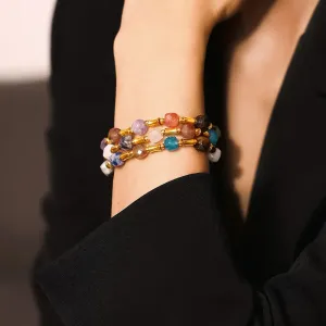 Natural Stones Beaded Bracelet for Women Stainless Steel Gold Plated Waterproof Charm Jewelry