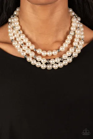Needs No Introduction - White - Pearl and Silver Bead Tiered Paparazzi Short Statement Necklace