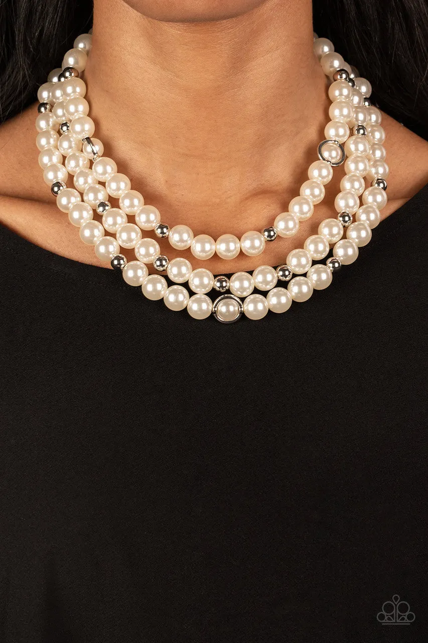 Needs No Introduction - White - Pearl and Silver Bead Tiered Paparazzi Short Statement Necklace