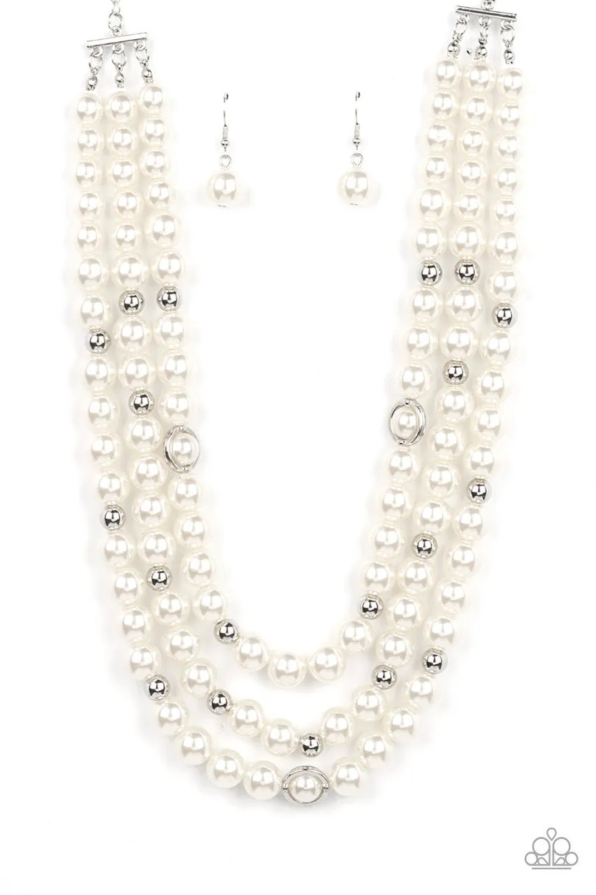 Needs No Introduction - White - Pearl and Silver Bead Tiered Paparazzi Short Statement Necklace