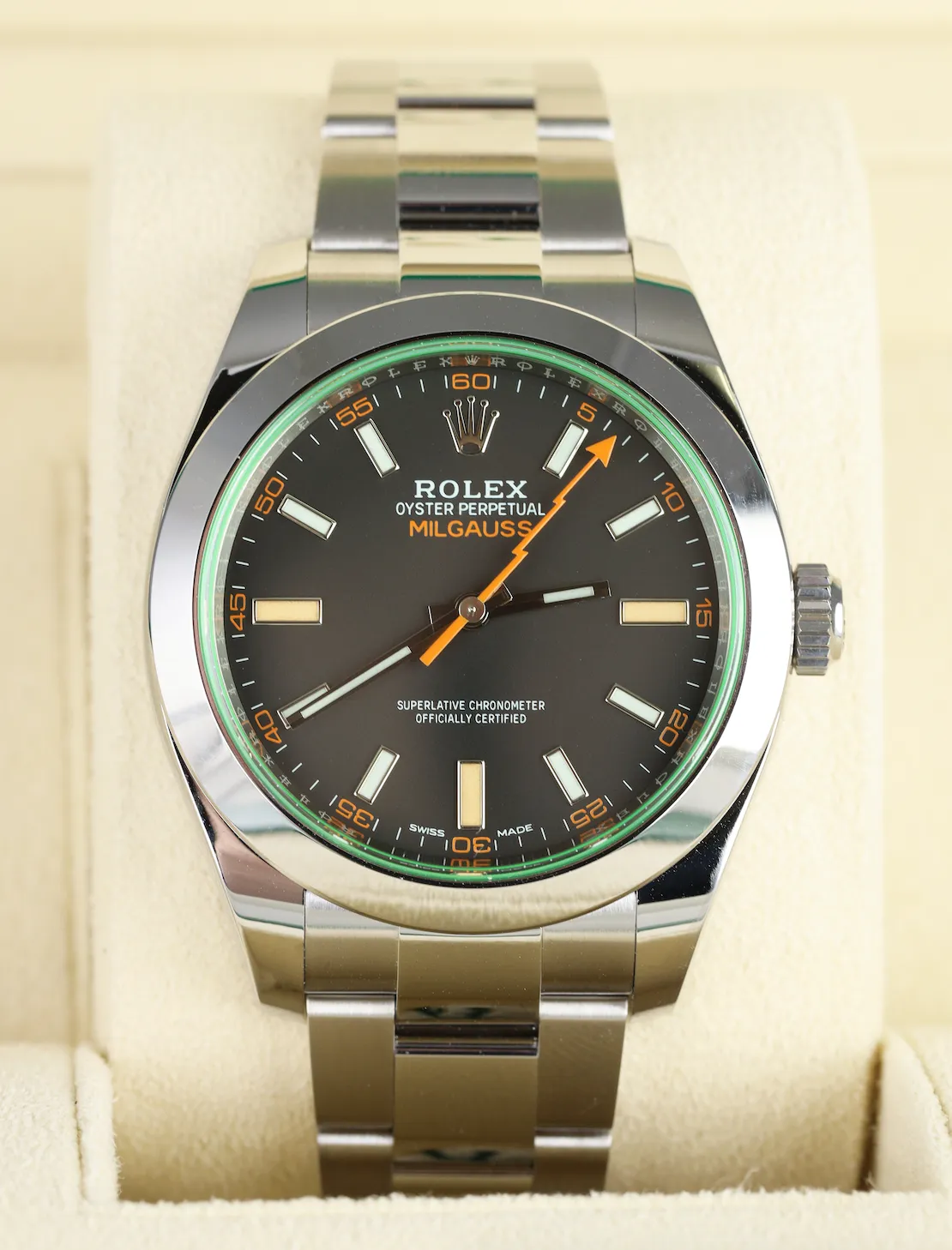 NEW JULY 2021 Rolex Milgauss Green Black Orange 116400 GV 40mm Steel Watch