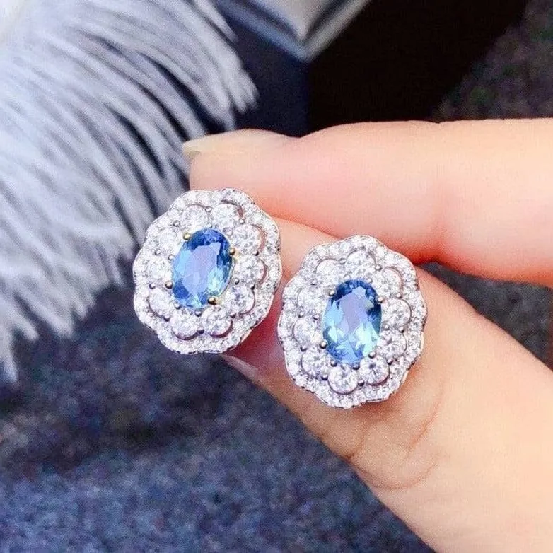 Oval Cut Natural Blue Topaz Stud Earrings