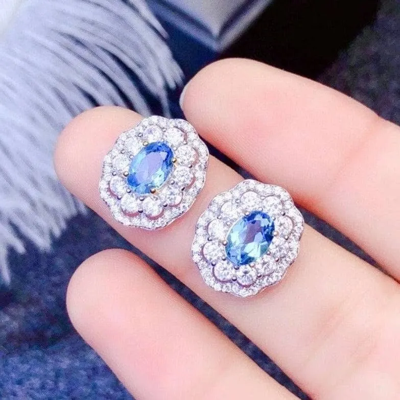 Oval Cut Natural Blue Topaz Stud Earrings