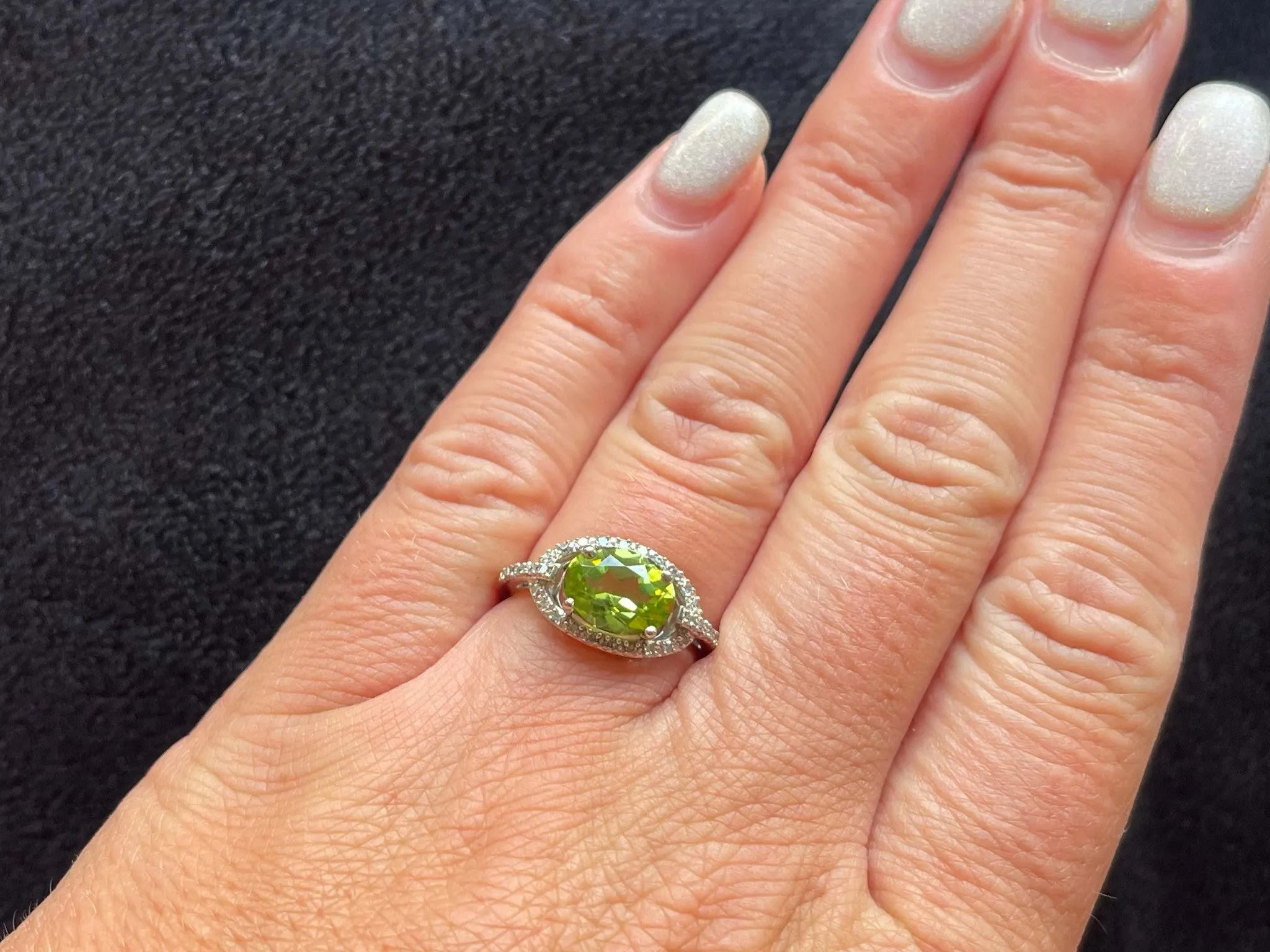 Oval Green Peridot and Diamond Halo Ring in 14k White Gold