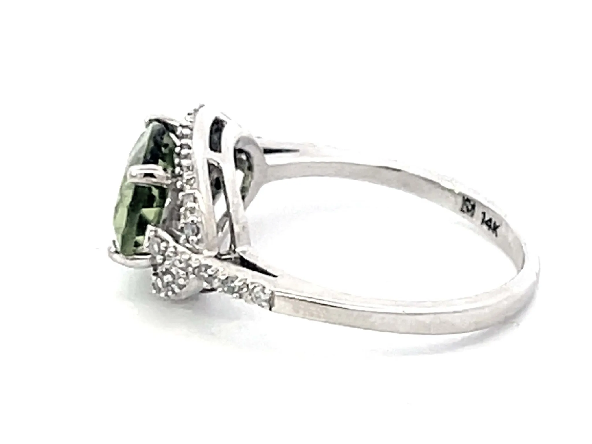 Oval Green Peridot and Diamond Halo Ring in 14k White Gold