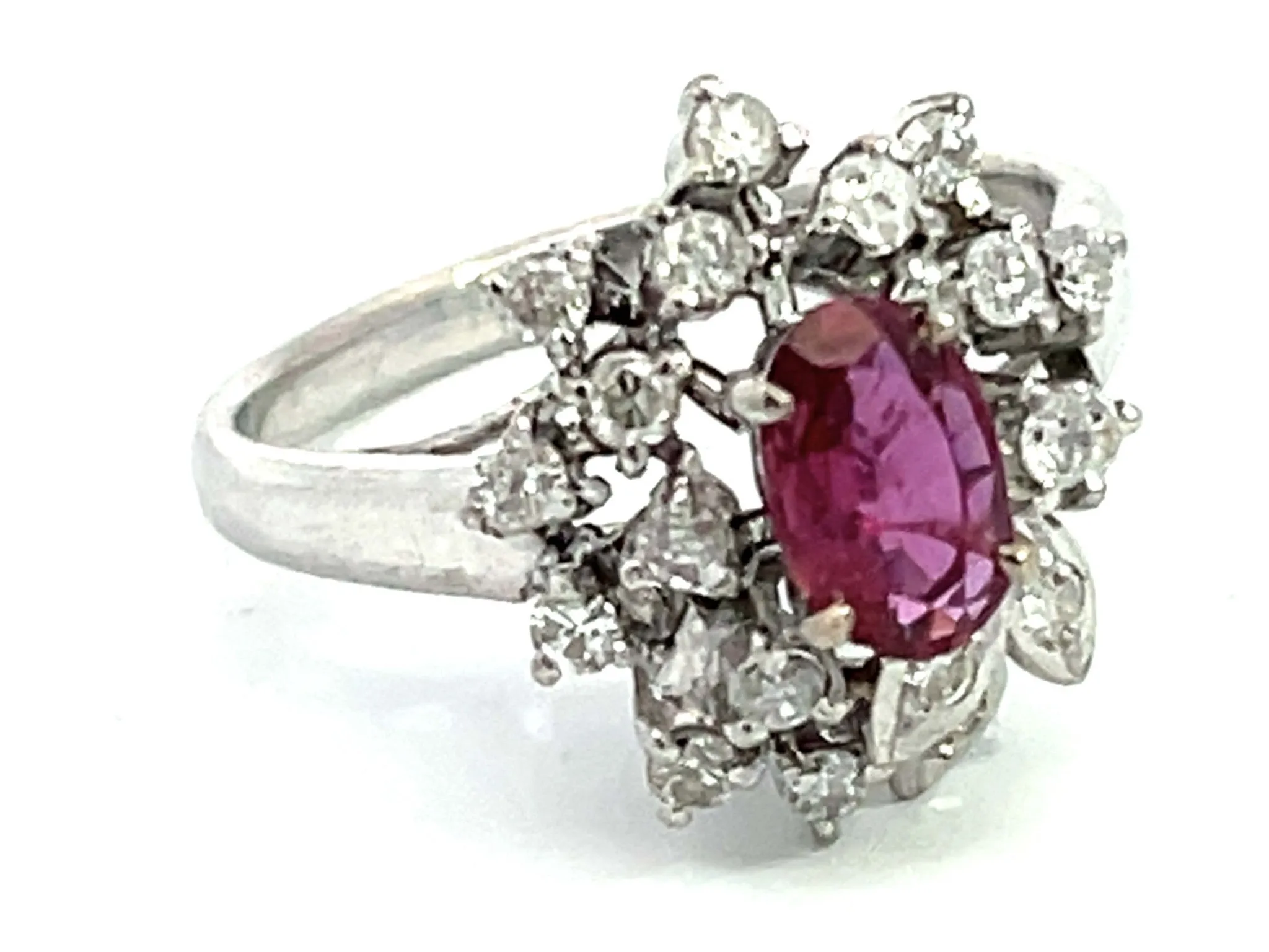 Oval Ruby and Diamond Cluster Ring in 14k White Gold