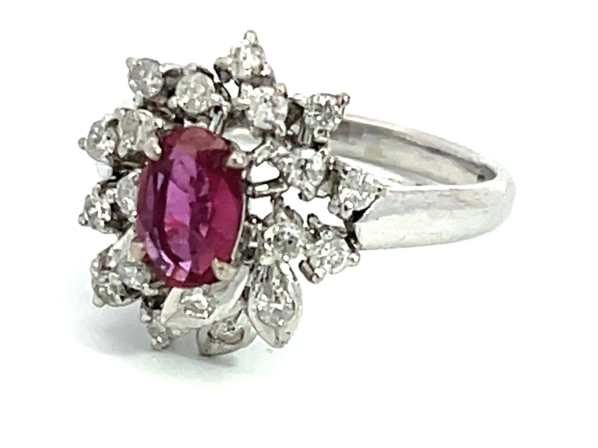 Oval Ruby and Diamond Cluster Ring in 14k White Gold